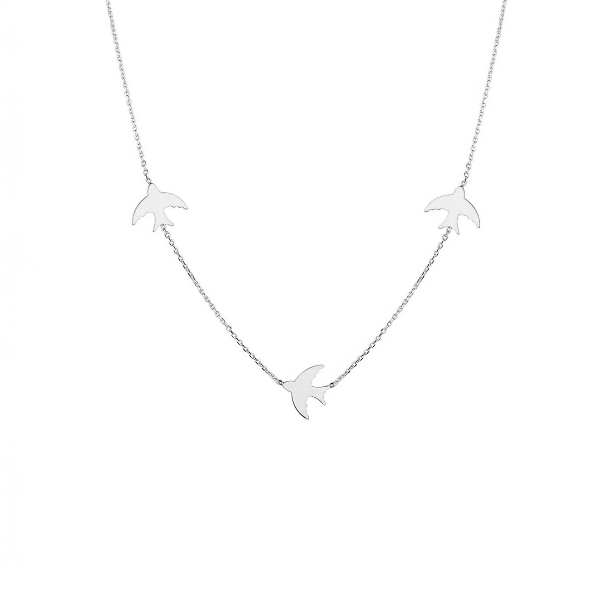 14K Gold Bird Necklace, Three Birds Necklace, Swallows Charm Necklace, Personalized Graduation Gift, Petite Station Chain Choker Necklace