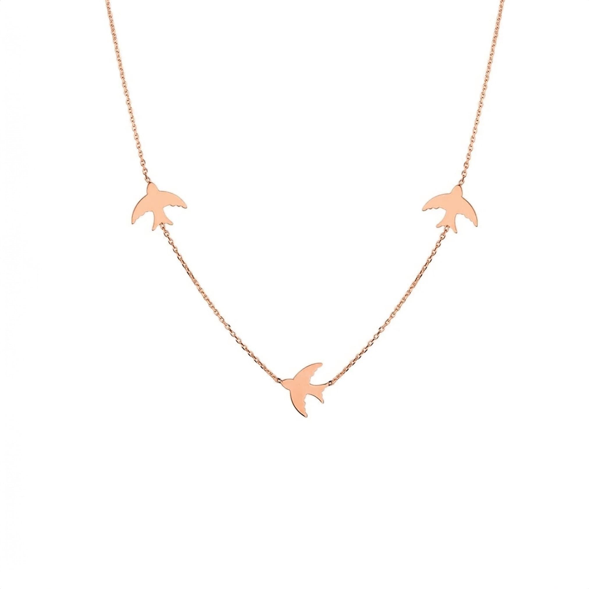 14K Gold Bird Necklace, Three Birds Necklace, Swallows Charm Necklace, Personalized Graduation Gift, Petite Station Chain Choker Necklace