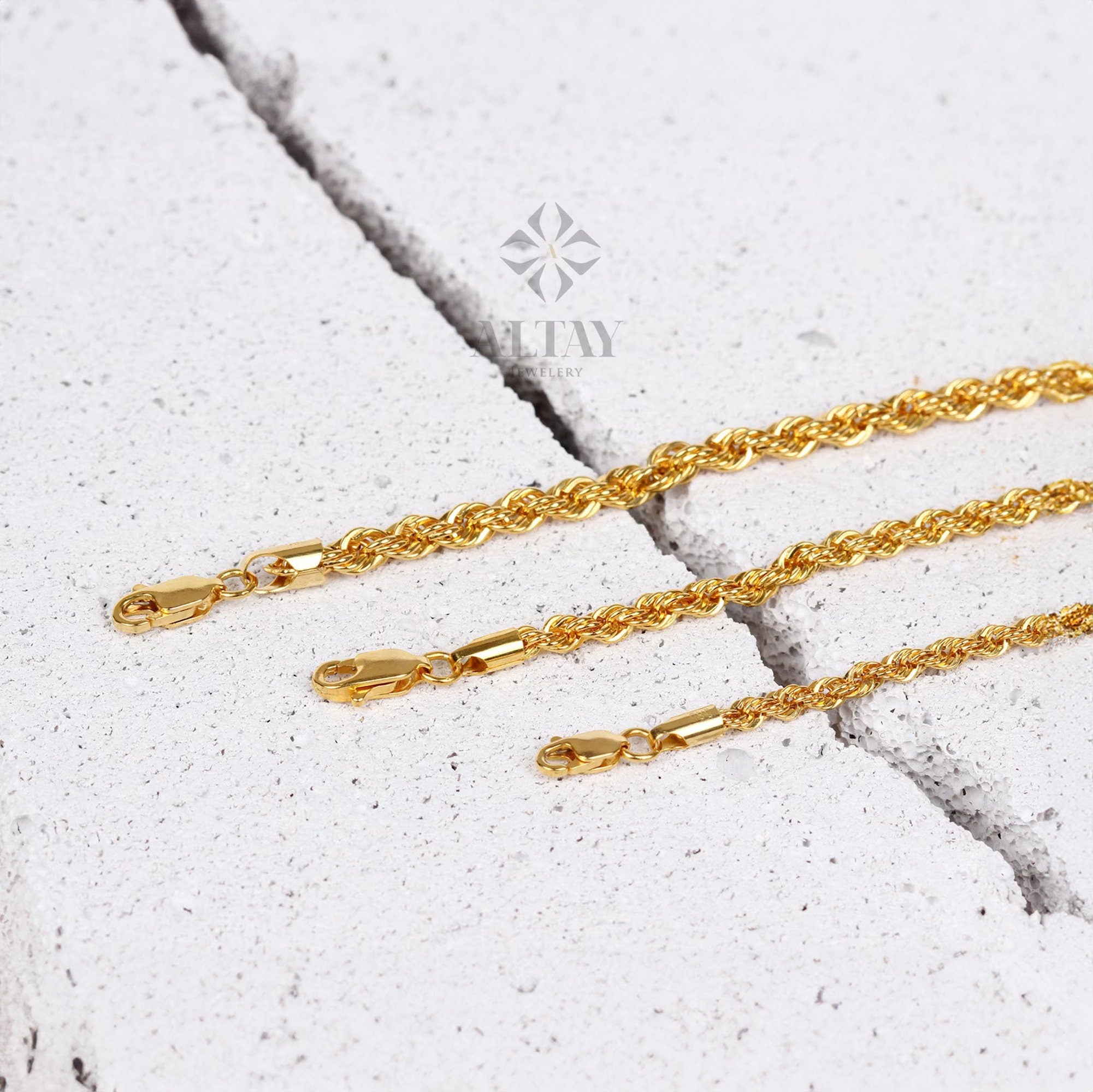 14K Gold Rope Chain Bracelet, 2mm 3mm 4mm Rope Chain, Diamond Cut Twisted Chain Bracelet, Men, Woman Stacking Bracelet Anklet, Gift For Her