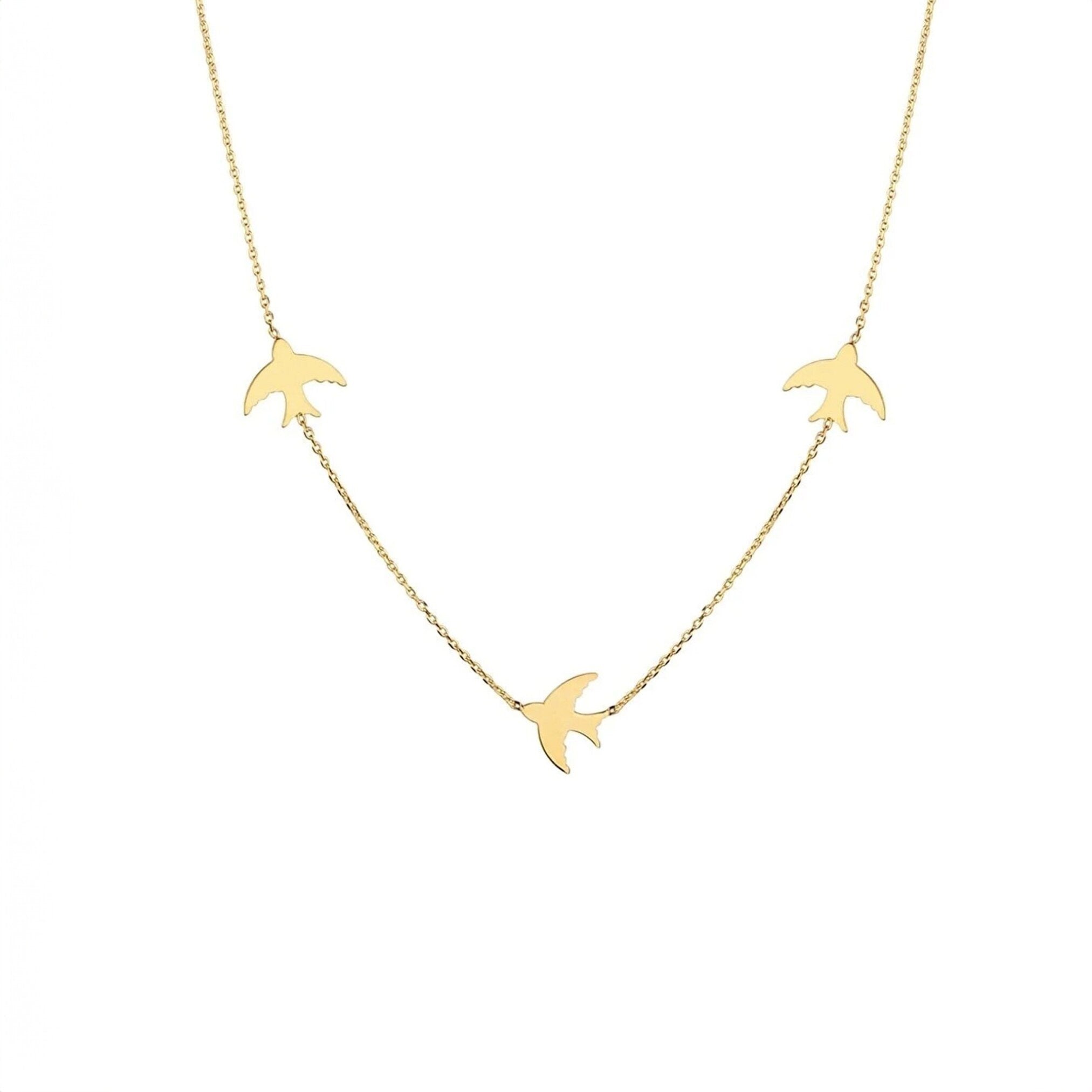 14K Gold Bird Necklace, Three Birds Necklace, Swallows Charm Necklace, Personalized Graduation Gift, Petite Station Chain Choker Necklace