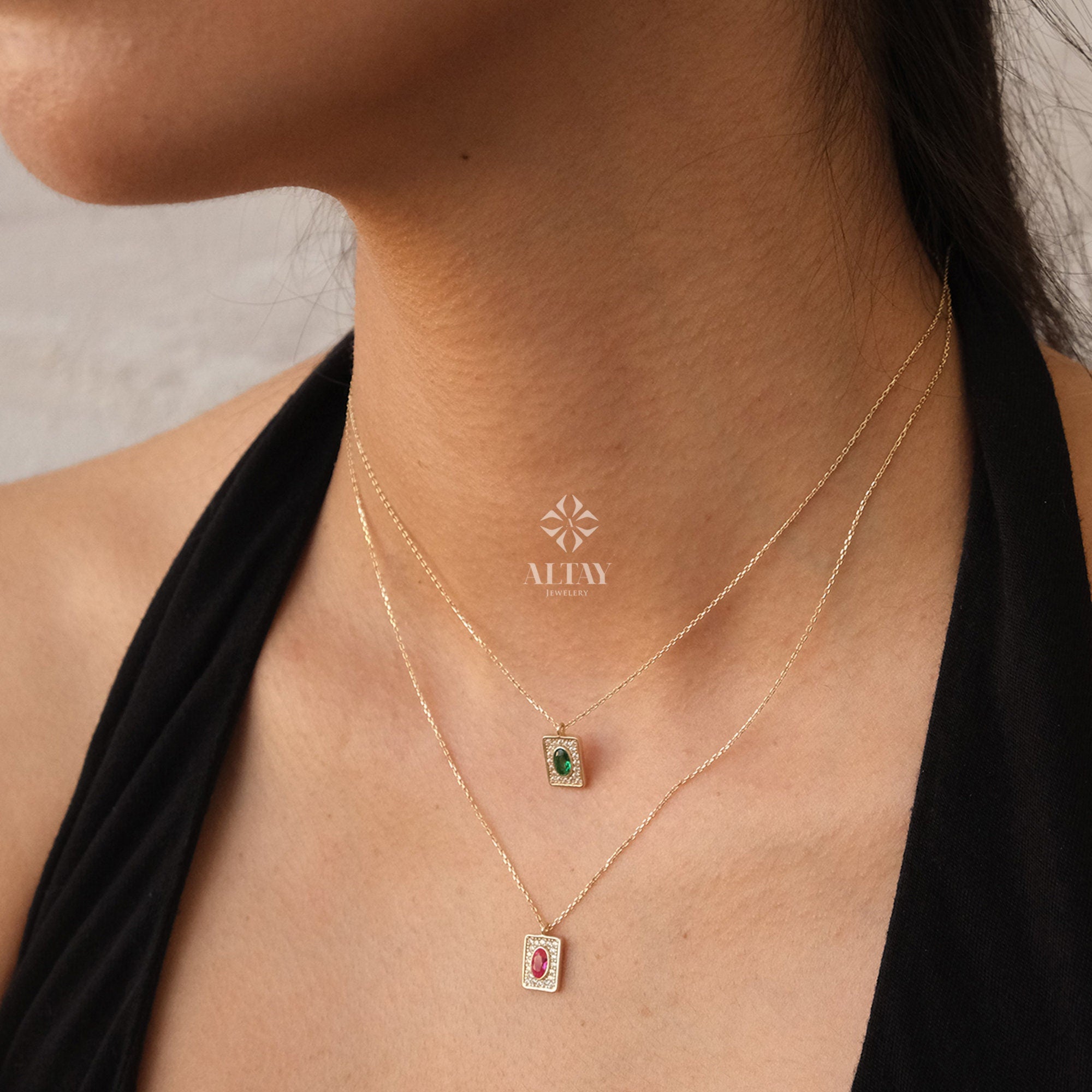 14K Gold Birthstone Pendant Necklace, Personalized Gold Necklace Emerald, Ruby Stone Necklace, Dainty Emerald Necklace, Anniversary Gift