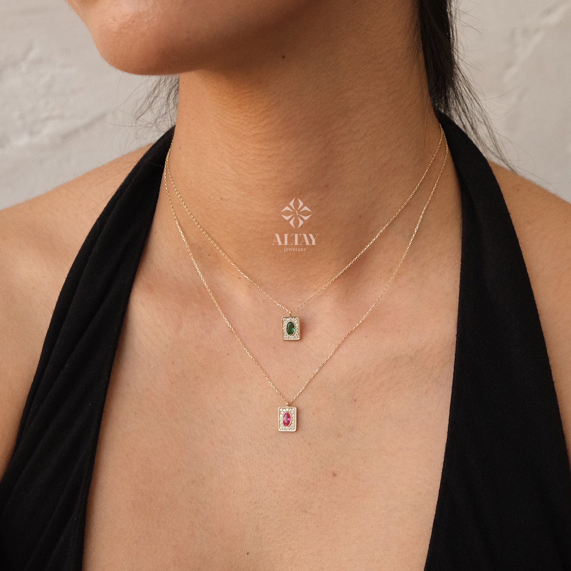 14K Gold Birthstone Pendant Necklace, Personalized Gold Necklace Emerald, Ruby Stone Necklace, Dainty Emerald Necklace, Anniversary Gift