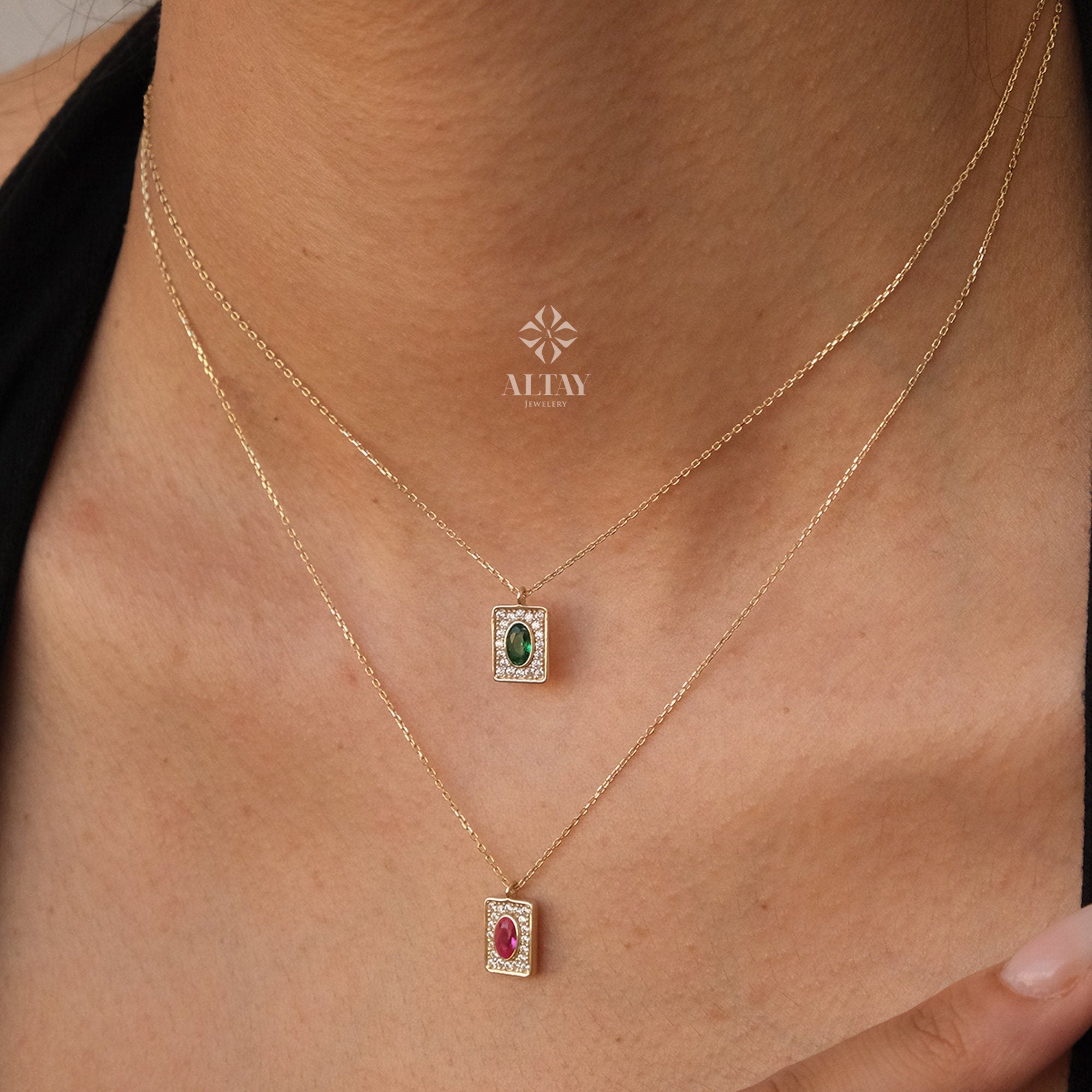 14K Gold Birthstone Pendant Necklace, Personalized Gold Necklace Emerald, Ruby Stone Necklace, Dainty Emerald Necklace, Anniversary Gift
