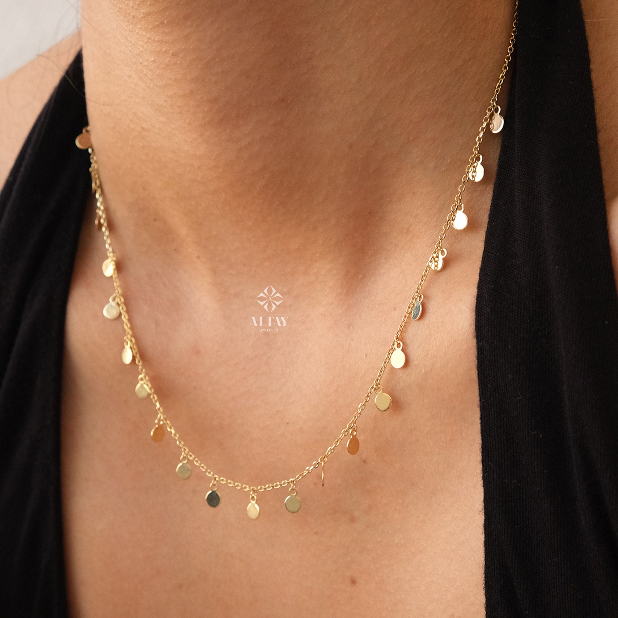 14K Gold Dangling Coin Necklace, Multi Coin Necklace, Italian Dangling Bead Choker, Yellow Gold Station Necklace, Gift For Her Him