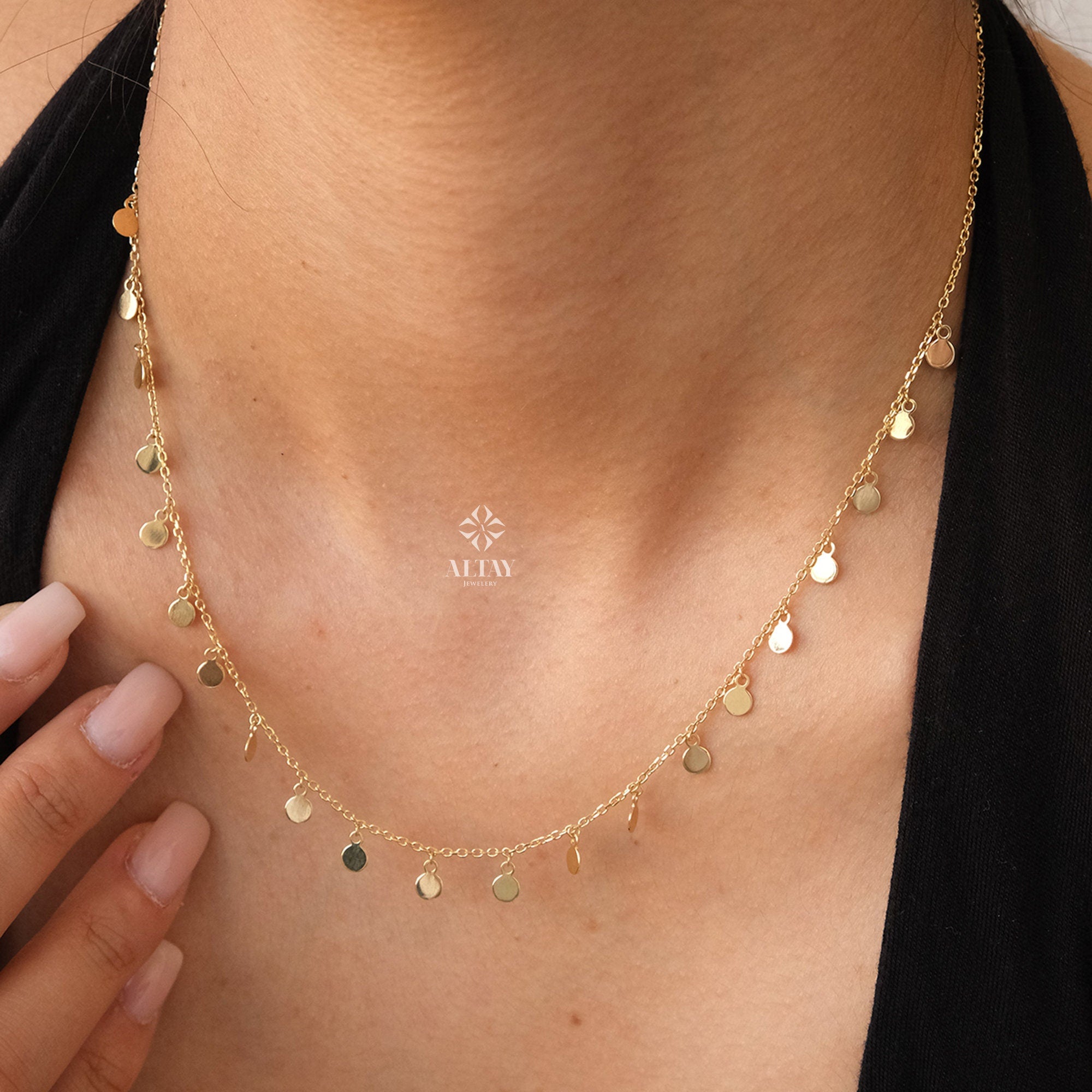 14K Gold Dangling Coin Necklace, Multi Coin Necklace, Italian Dangling Bead Choker, Yellow Gold Station Necklace, Gift For Her Him