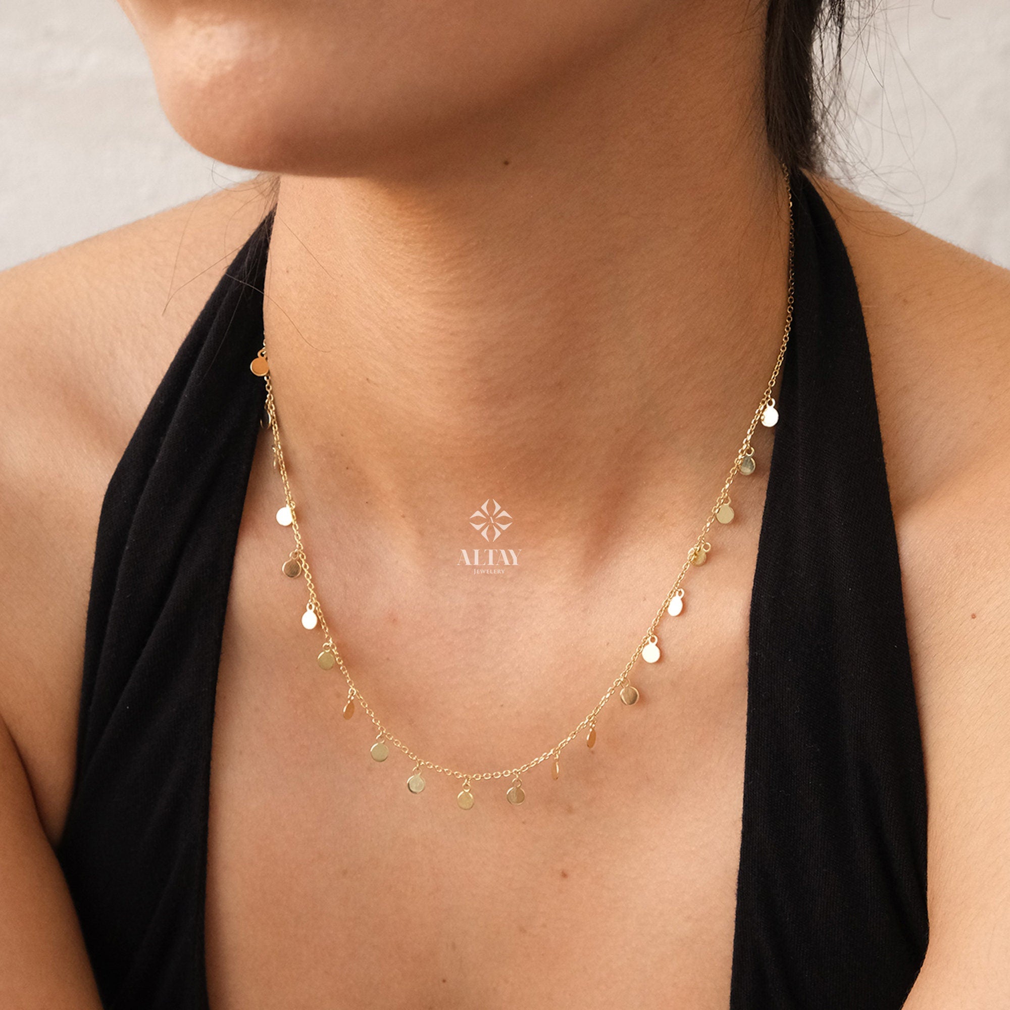 14K Gold Dangling Coin Necklace, Multi Coin Necklace, Italian Dangling Bead Choker, Yellow Gold Station Necklace, Gift For Her Him