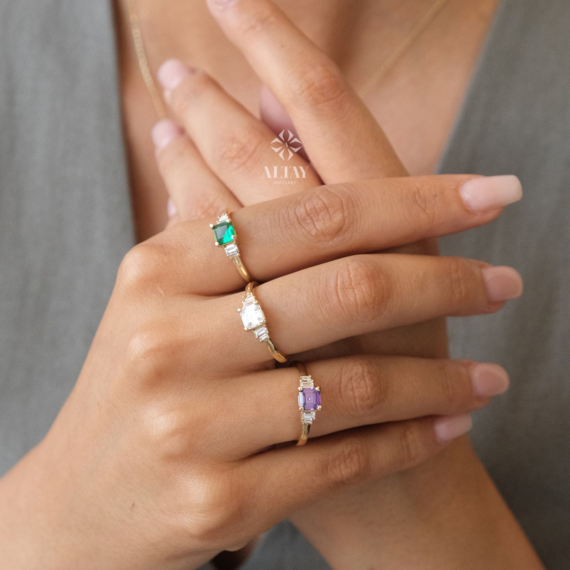 14K Gold Engagement Ring, Art Deco Gold Baguette Ring, Gemstone Anniversary Ring, Minimalist Stacking Ring, Birthstone Band Ring, Gift Her