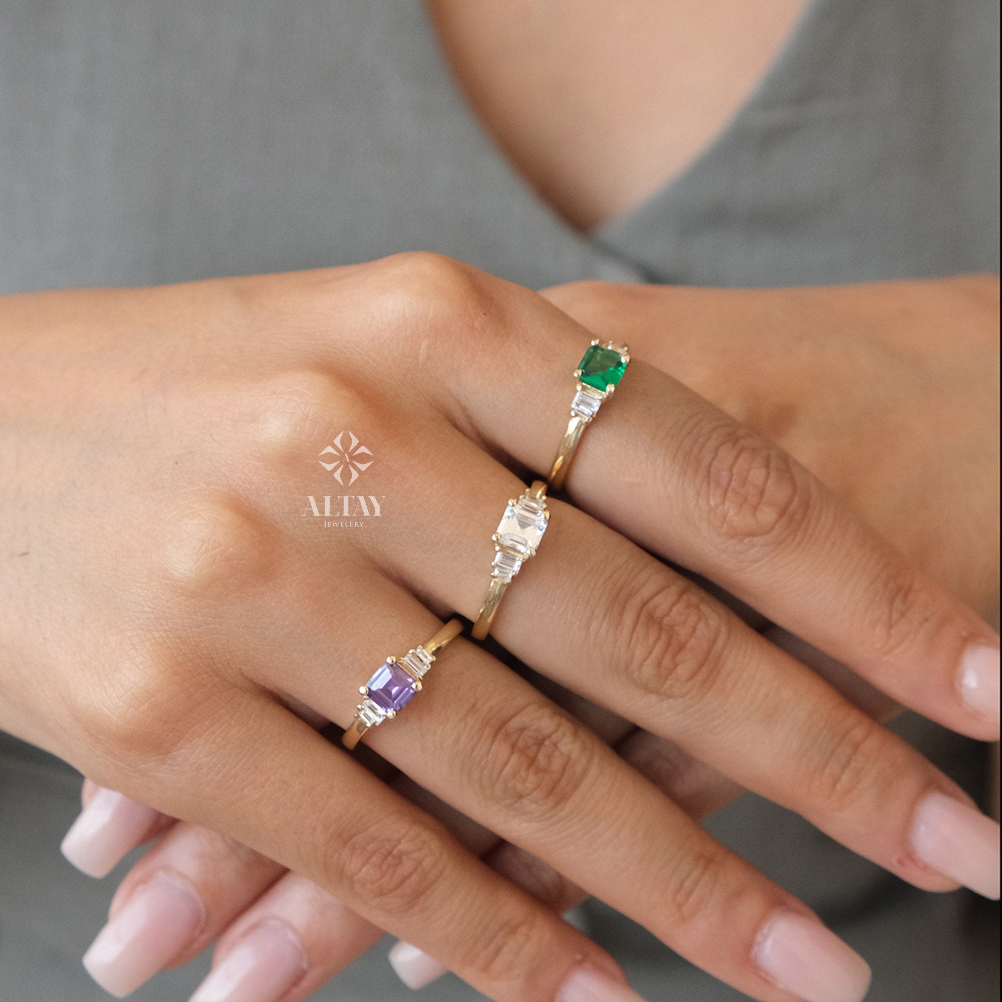 14K Gold Engagement Ring, Art Deco Gold Baguette Ring, Gemstone Anniversary Ring, Minimalist Stacking Ring, Birthstone Band Ring, Gift Her