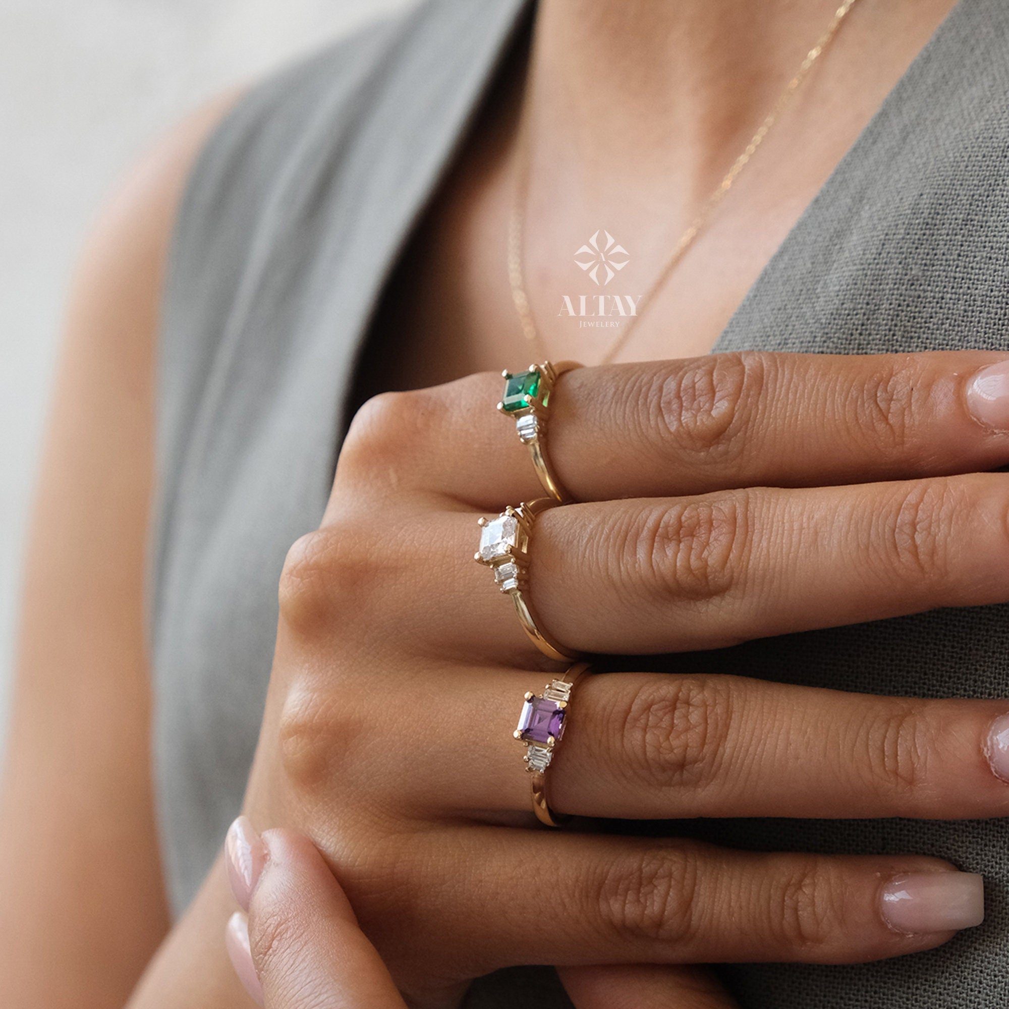 14K Gold Engagement Ring, Art Deco Gold Baguette Ring, Gemstone Anniversary Ring, Minimalist Stacking Ring, Birthstone Band Ring, Gift Her
