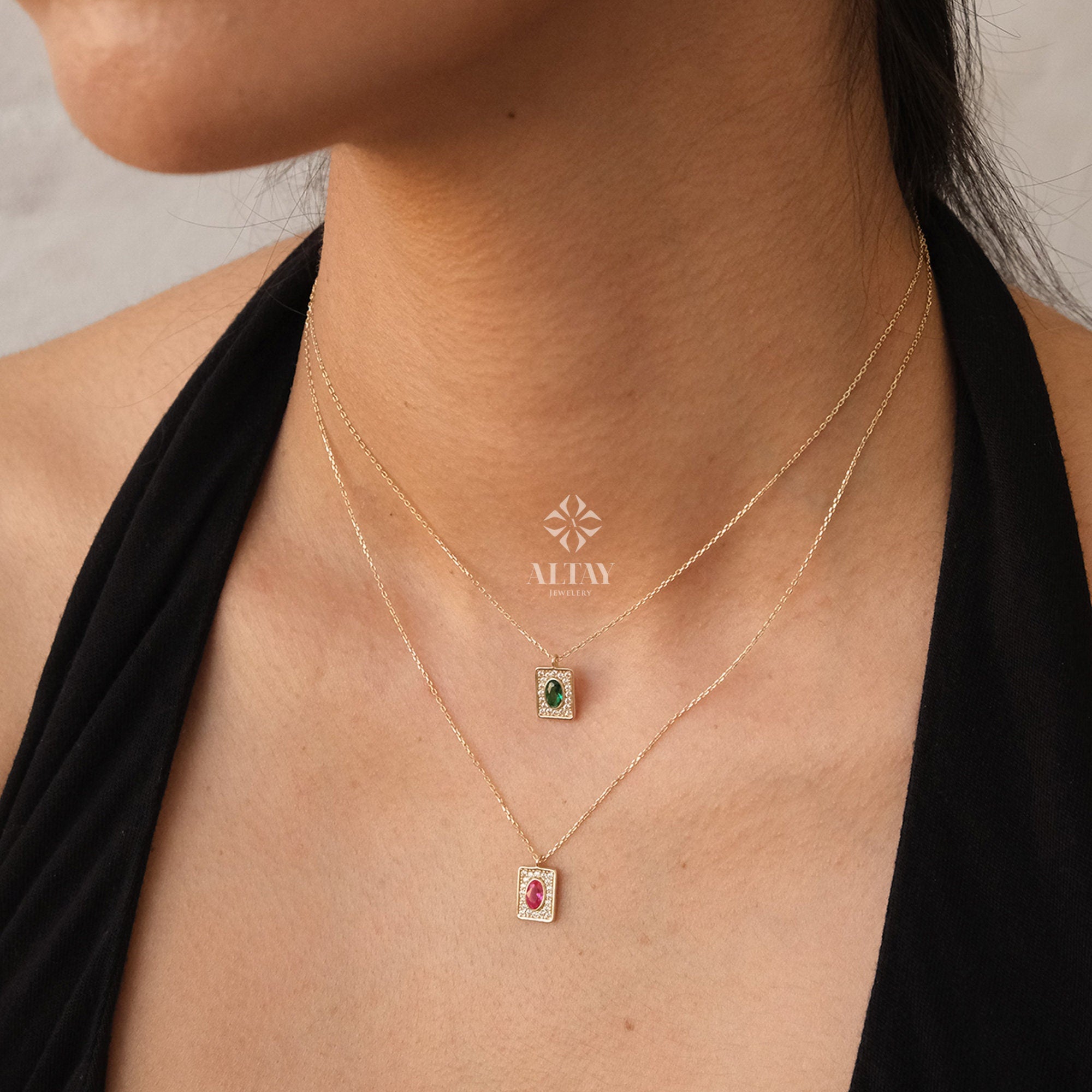 14K Gold Birthstone Pendant Necklace, Personalized Gold Necklace Emerald, Ruby Stone Necklace, Dainty Emerald Necklace, Anniversary Gift
