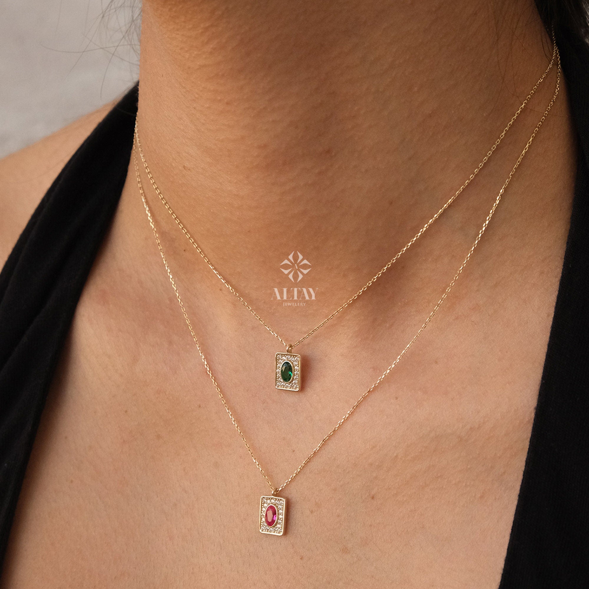 14K Gold Birthstone Pendant Necklace, Personalized Gold Necklace Emerald, Ruby Stone Necklace, Dainty Emerald Necklace, Anniversary Gift