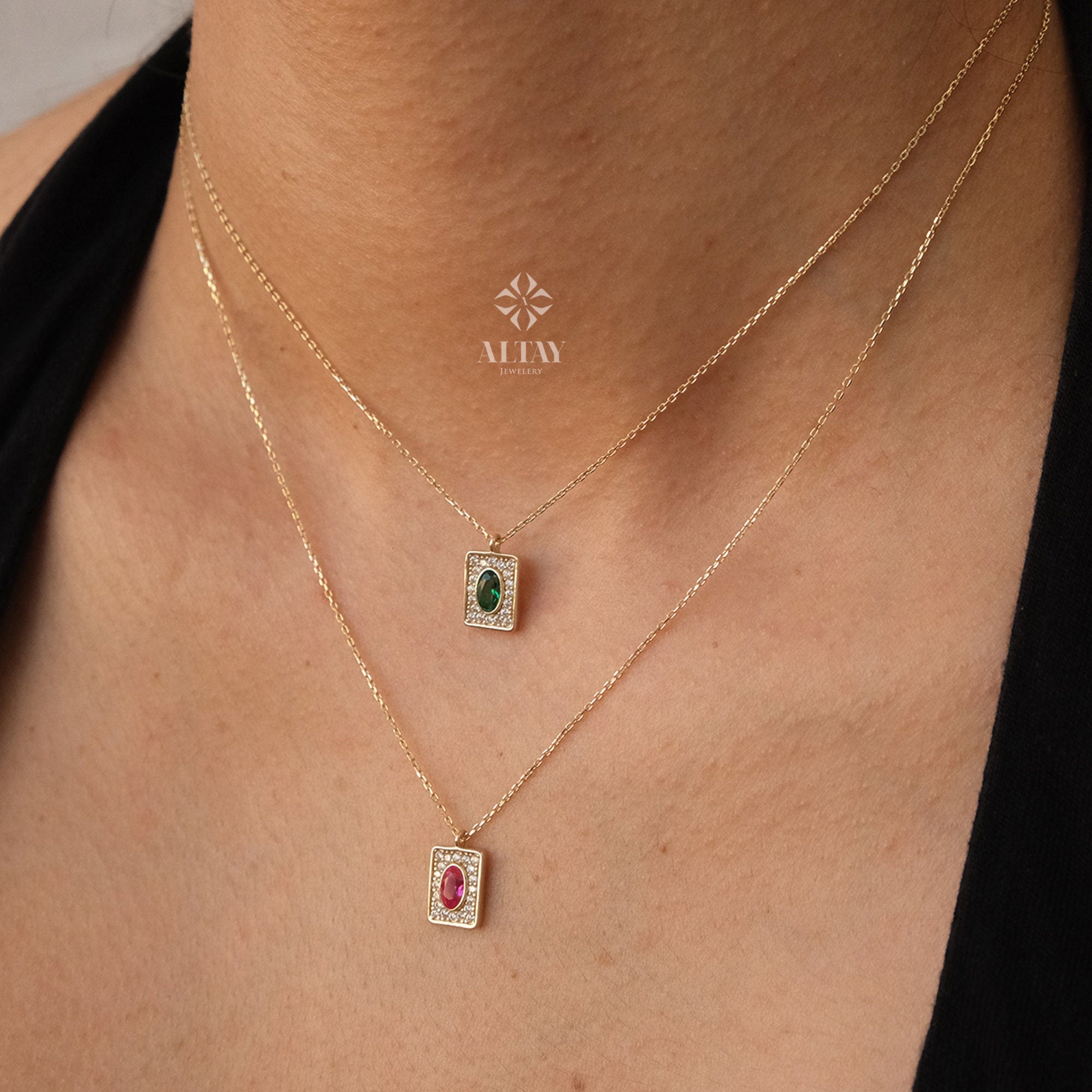 14K Gold Birthstone Pendant Necklace, Personalized Gold Necklace Emerald, Ruby Stone Necklace, Dainty Emerald Necklace, Anniversary Gift