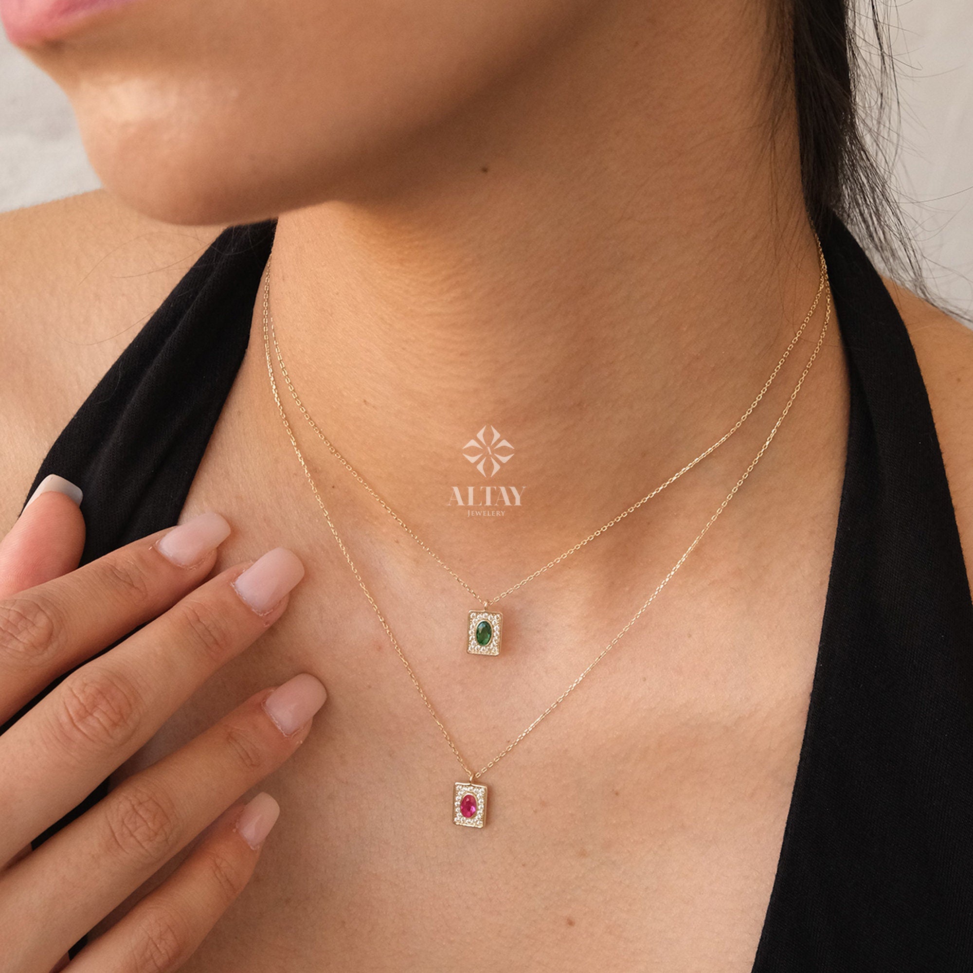 14K Gold Birthstone Pendant Necklace, Personalized Gold Necklace Emerald, Ruby Stone Necklace, Dainty Emerald Necklace, Anniversary Gift