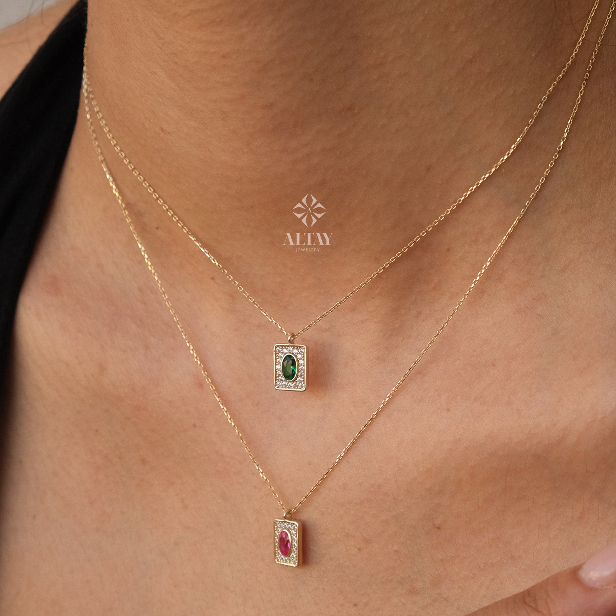 14K Gold Birthstone Pendant Necklace, Personalized Gold Necklace Emerald, Ruby Stone Necklace, Dainty Emerald Necklace, Anniversary Gift