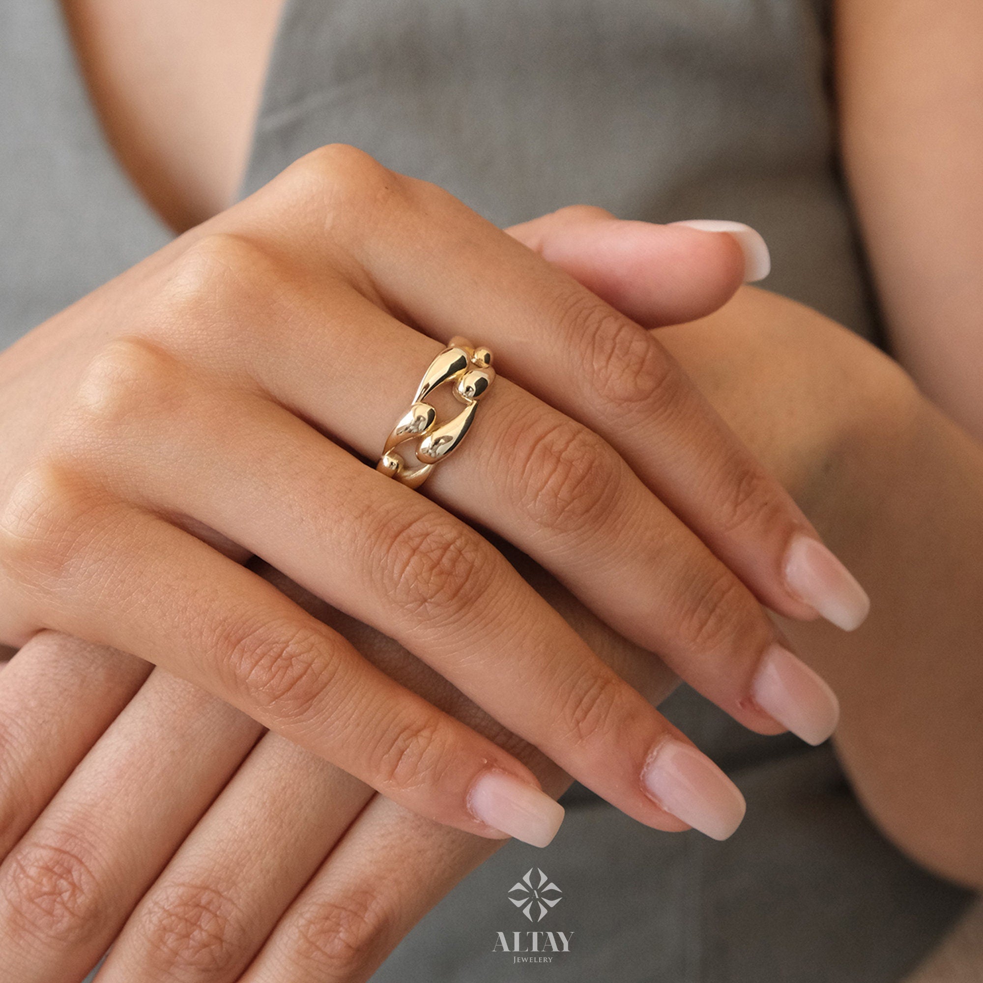 14K Gold Chain Link Ring, Chunky Real Gold Band, Modern Link Ring for Women, Statement Gold Jewelry, Gift for Her