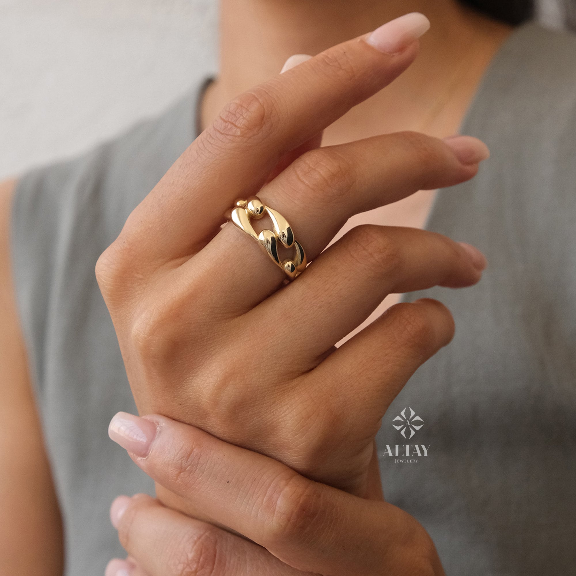 14K Gold Chain Link Ring, Chunky Real Gold Band, Modern Link Ring for Women, Statement Gold Jewelry, Gift for Her