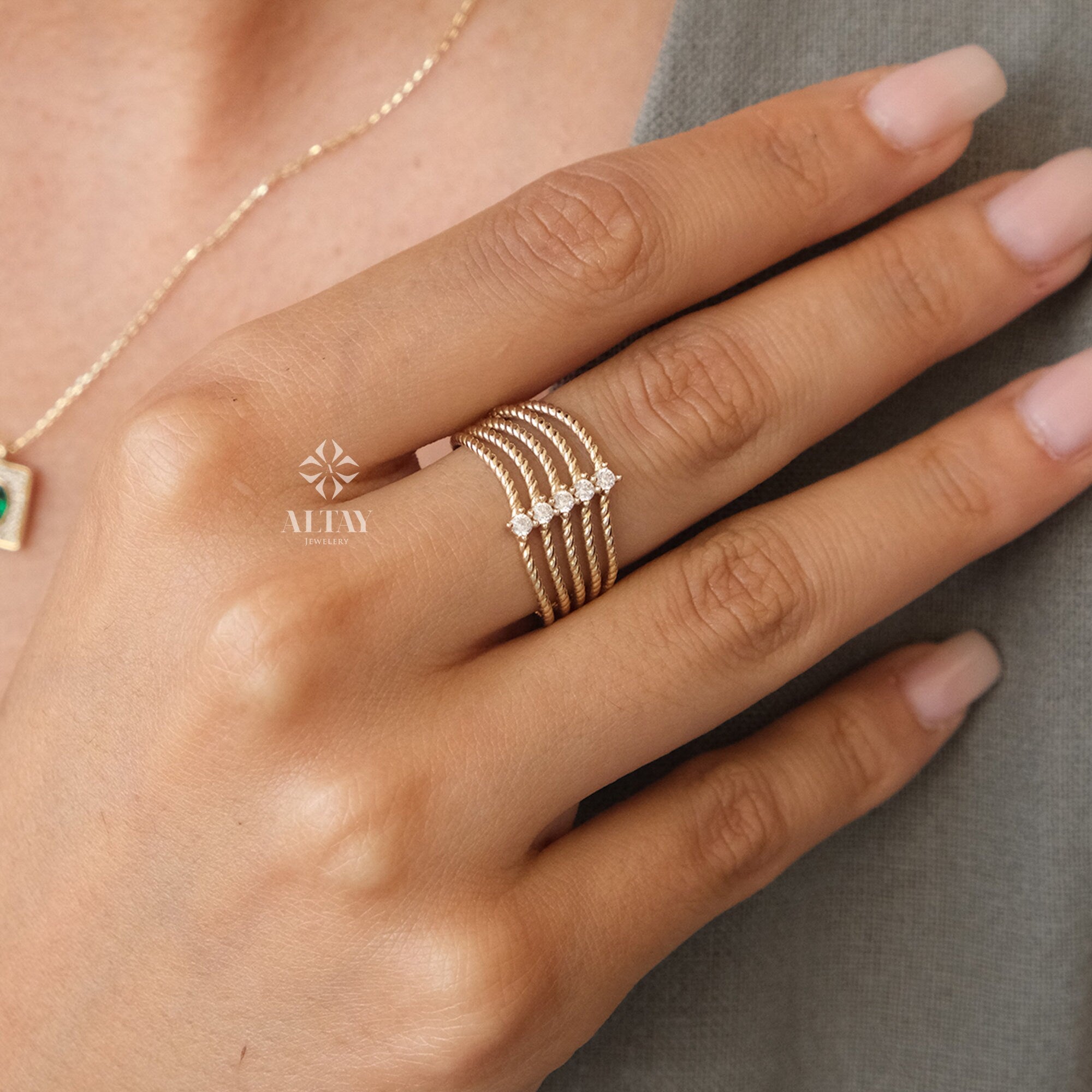 14K Gold 5 Stone Wedding Ring, Braided Band, Promise Anniversary Ring, Bridal Ring, Five Stone Stacking Ring, Dainty Ribbed Wedding Ring