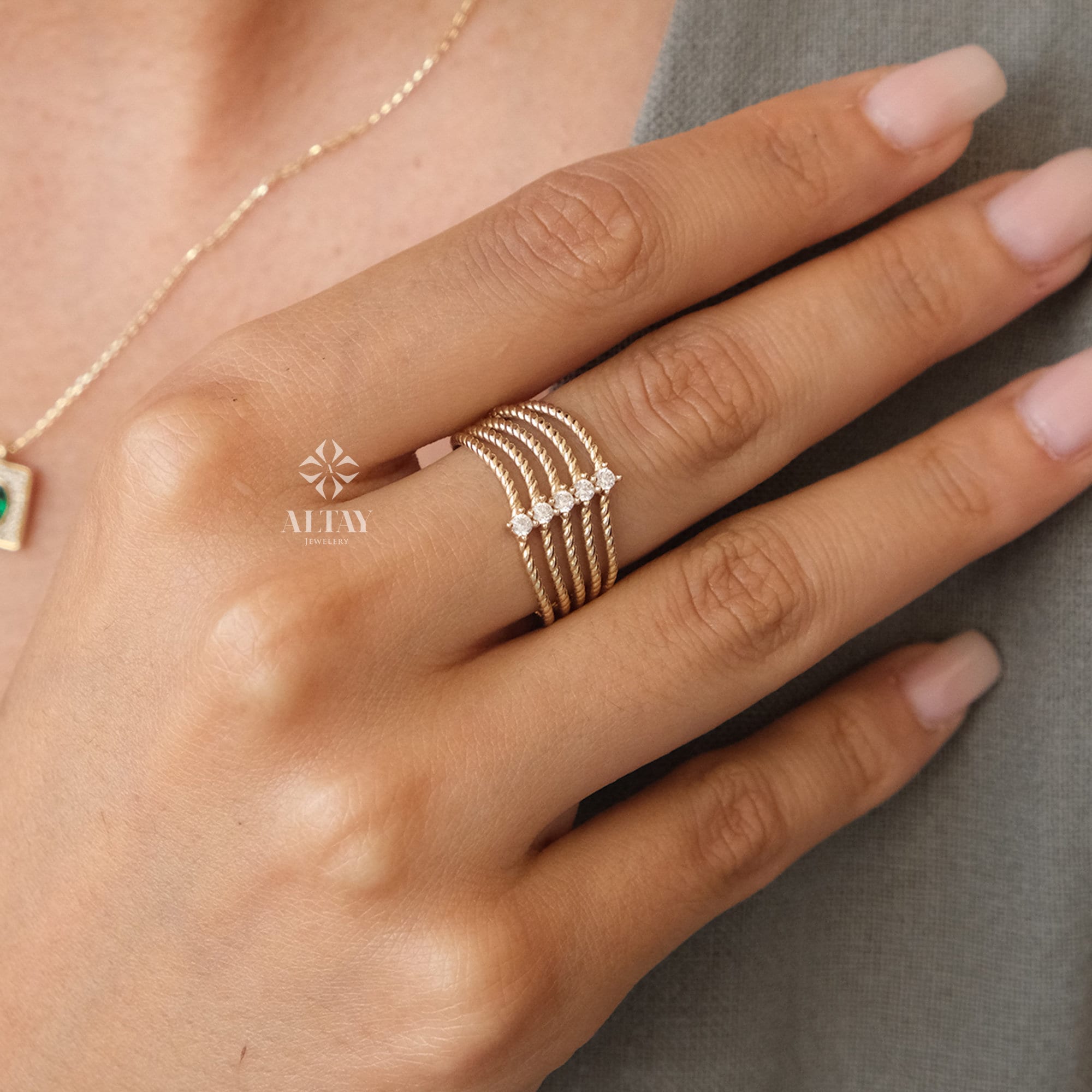 14K Gold 5 Stone Wedding Ring, Braided Band, Promise Anniversary Ring, Bridal Ring, Five Stone Stacking Ring, Dainty Ribbed Wedding Band