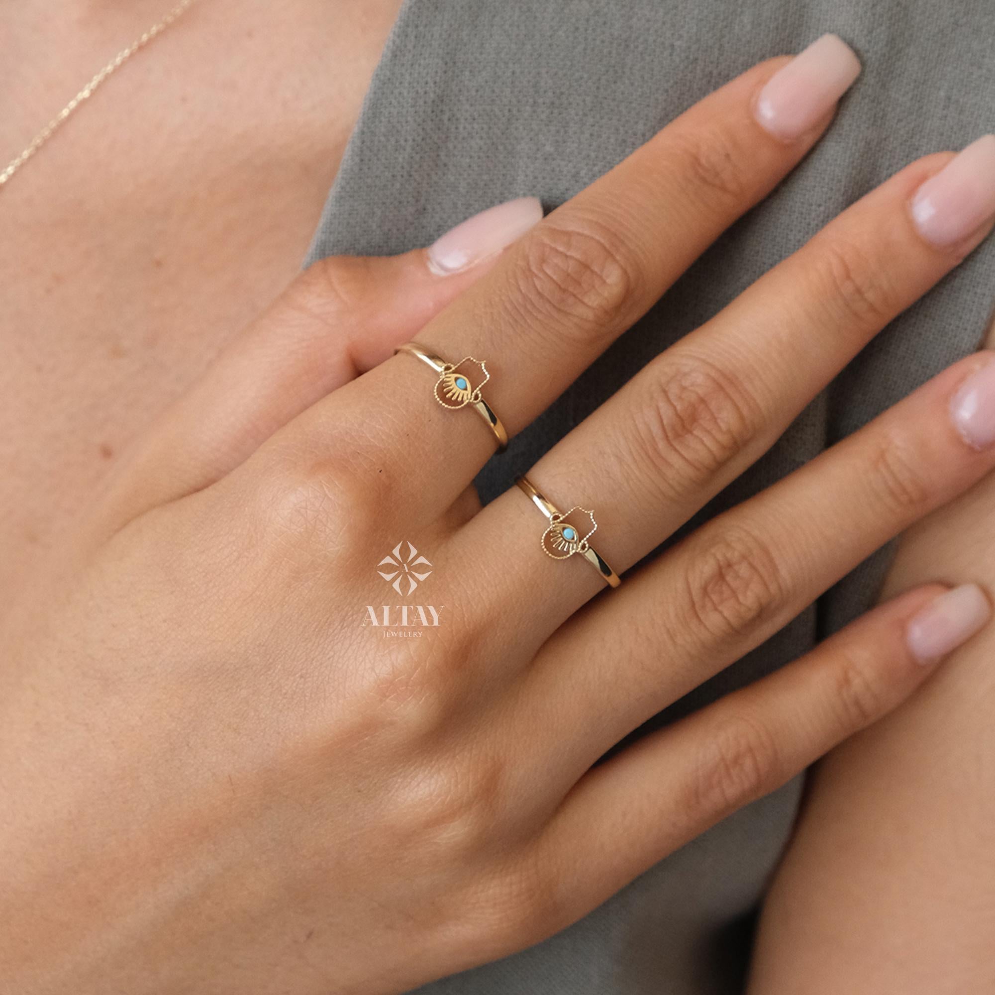 14K Gold Hamsa Hand Ring, Hand of Fatima, Gold Protection Ring, Minimalist Pinky Ring Women, Third Eye Band Ring, Handmade Gift