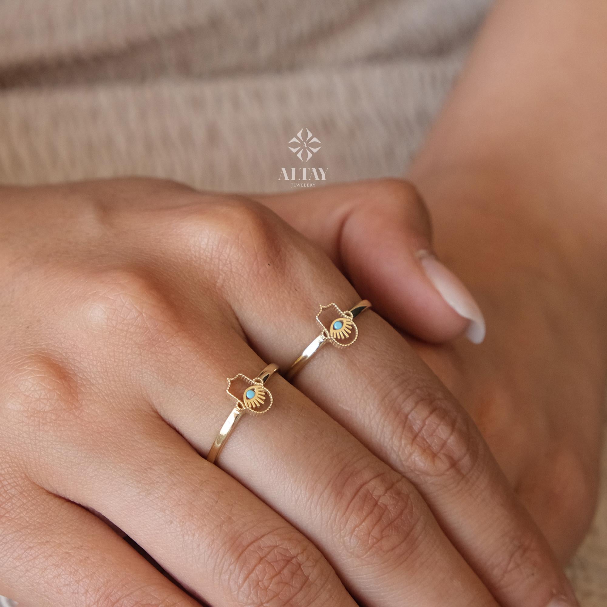 14K Gold Hamsa Hand Ring, Hand of Fatima, Gold Protection Ring, Minimalist Pinky Ring Women, Third Eye Band Ring, Handmade Gift Ring