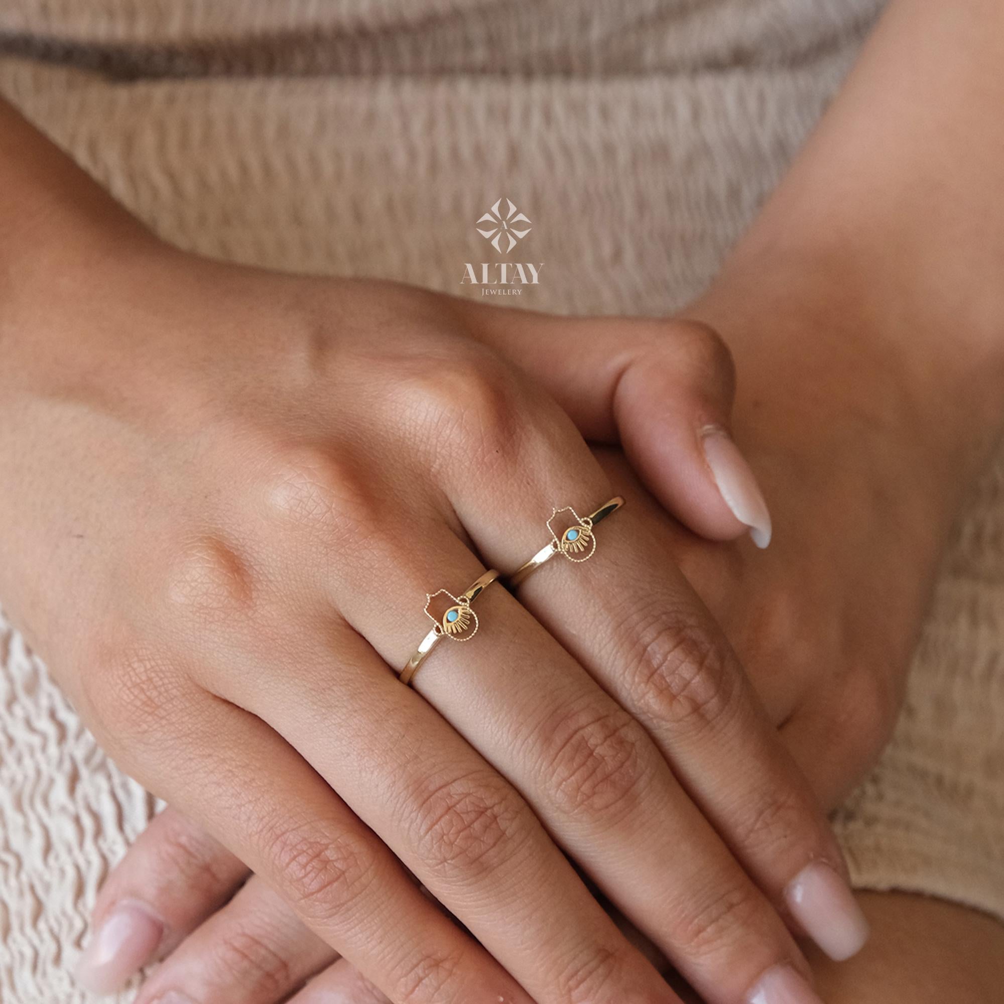 14K Gold Hamsa Hand Ring, Hand of Fatima, Gold Protection Ring, Minimalist Pinky Ring Women, Third Eye Band Ring, Handmade Gift
