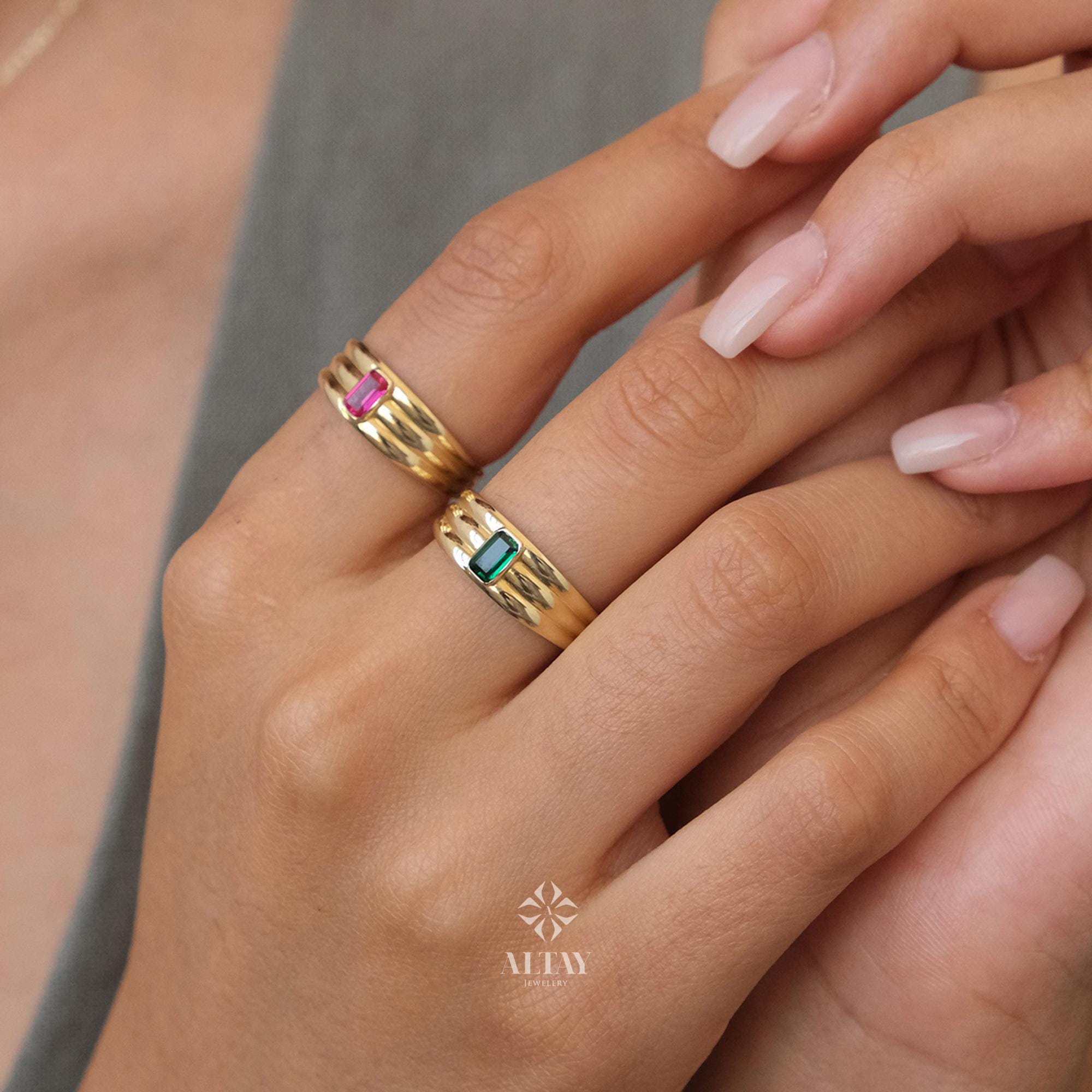 14K Gold Birthstone Ring, Emerald Gemstone Vintage Gold Stackable Ring, Dainty Gold Elegant Ring, Art Deco Wedding Band, Half Eternity