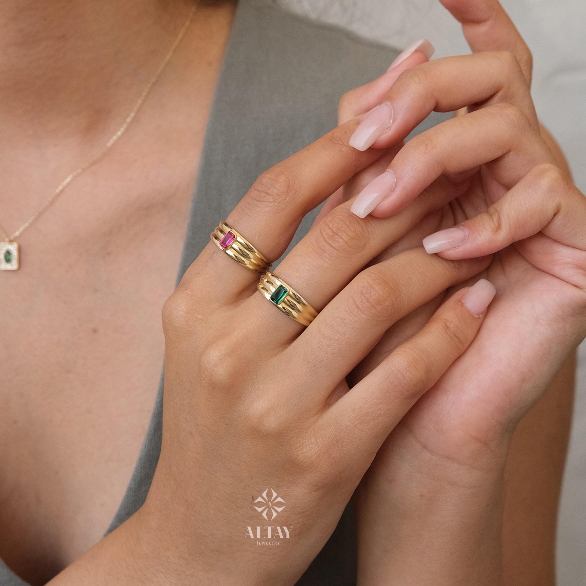 14K Gold Birthstone Ring, Emerald Gemstone Vintage Gold Stackable Ring, Dainty Gold Elegant Ring, Art Deco Wedding Band, Half Eternity