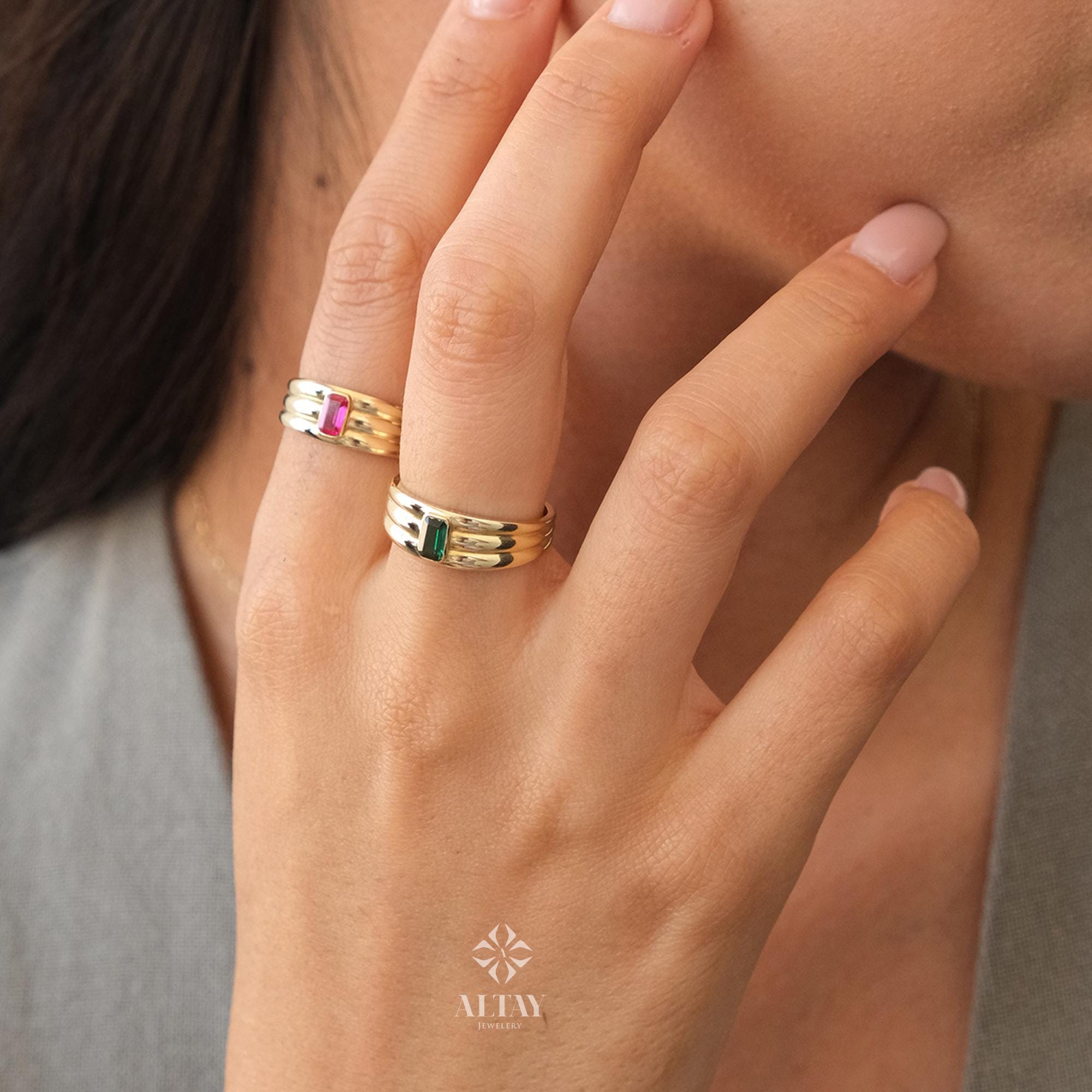 14K Gold Birthstone Ring, Emerald Gemstone Vintage Gold Stackable Ring, Dainty Gold Elegant Ring, Art Deco Wedding Band, Half Eternity