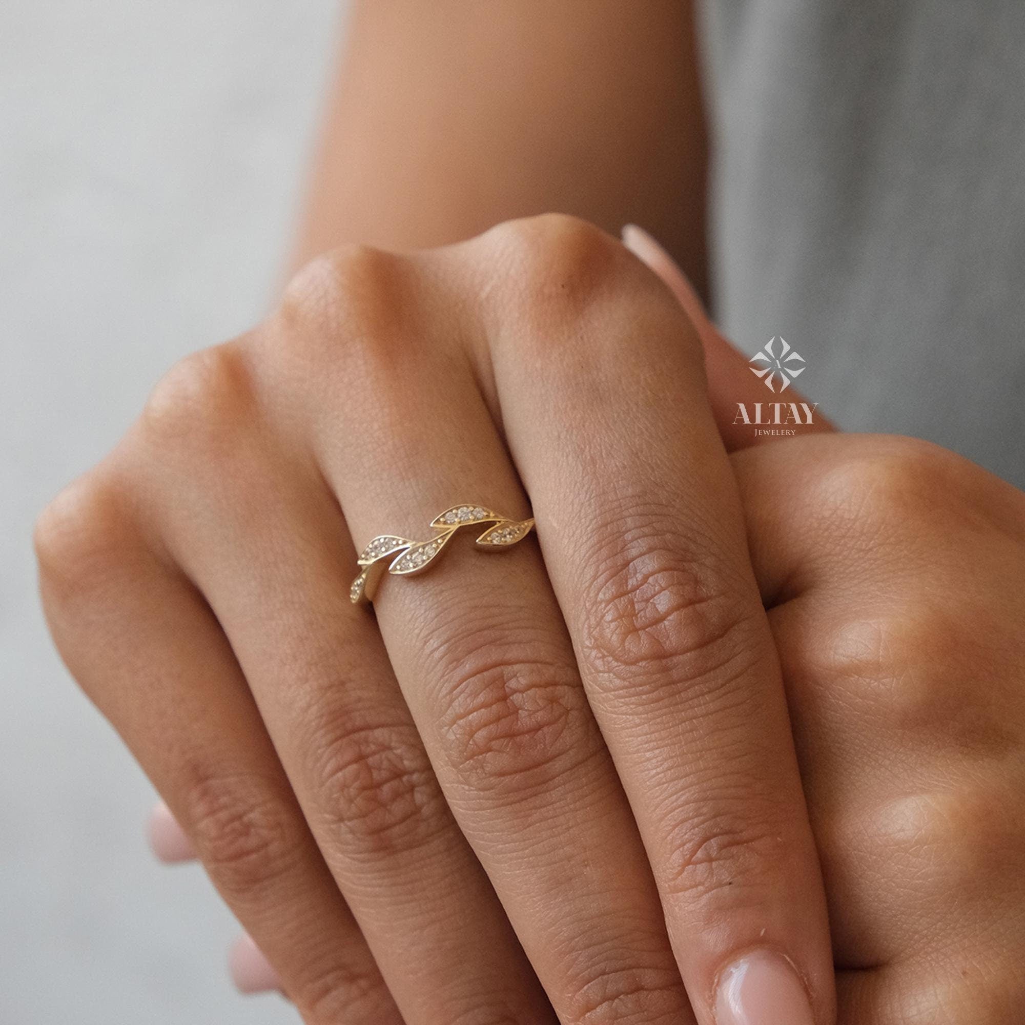 14K Gold Leaf Diamond Ring, Olive Branch Gold Ring, Dainty Nature Inspired Band, Real Gold Stacking Ring, Gift for Her