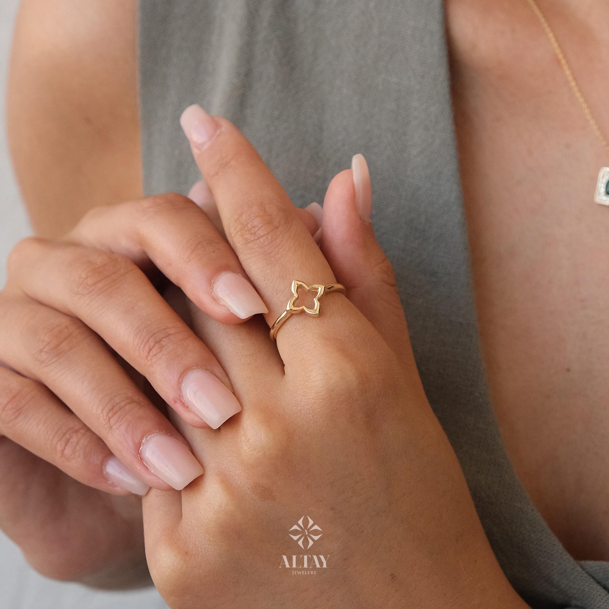 14K Gold Four Leaf Clover Ring, Open Clover Ring, Good Luck Clover Charm Ring, Gold Leaf, St. Patrick's Day Accessory Band, Gift for Her