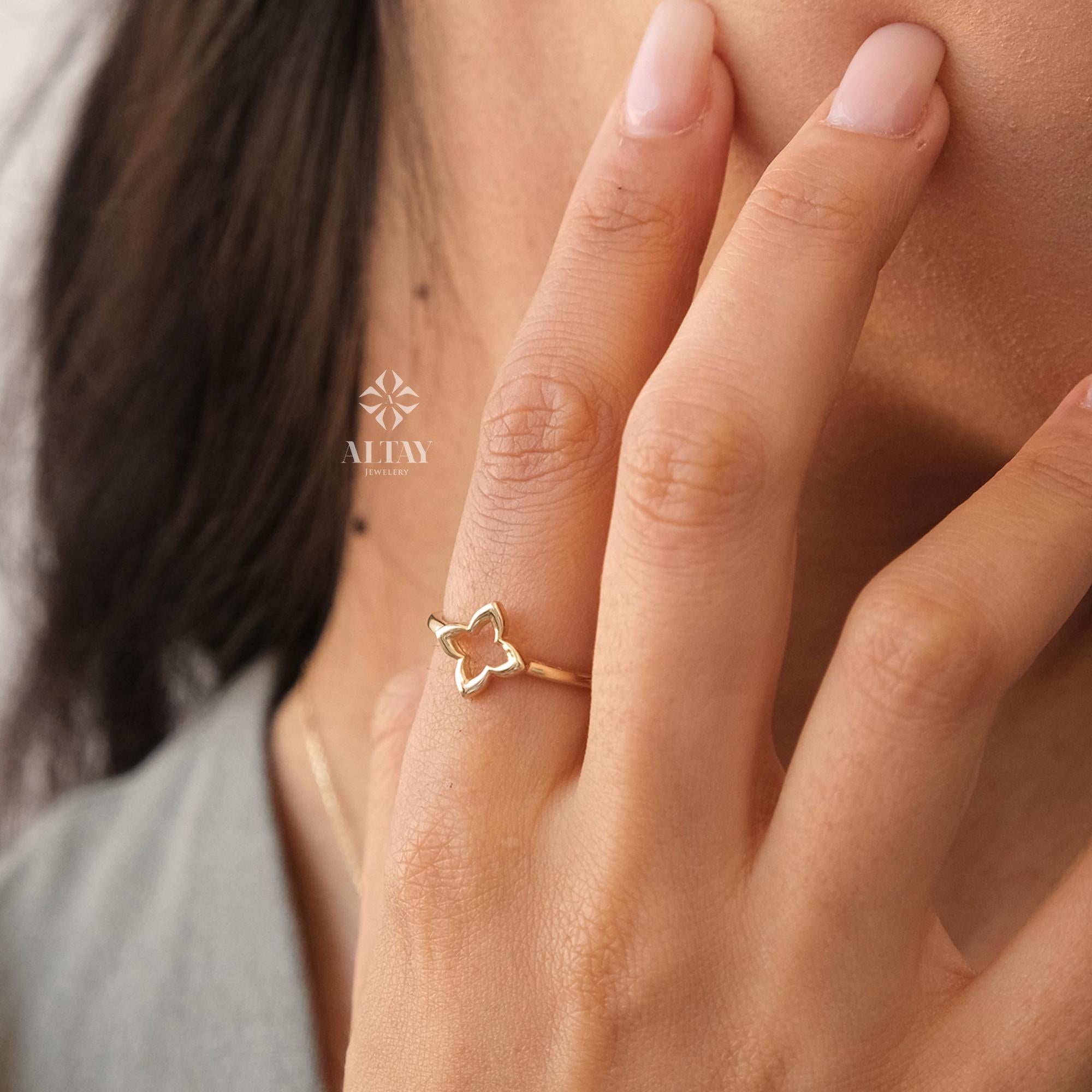 14K Gold Four Leaf Clover Ring, Open Clover Ring, Good Luck Clover Charm Ring, Gold Leaf, St. Patrick's Day Accessory Band, Gift for Her