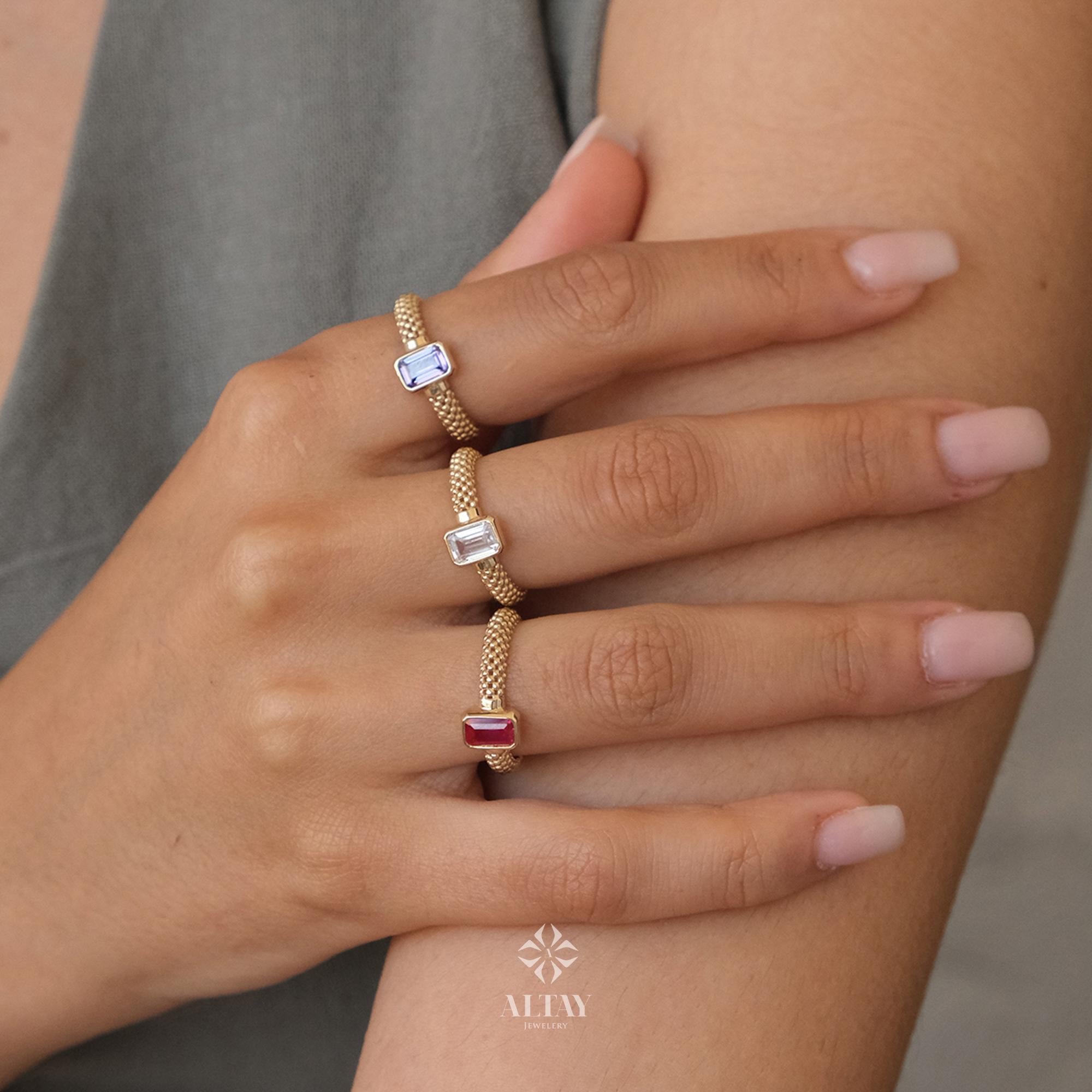 14K Gold Engagement Ring, Popcorn Band Gold Baguette Ring, Gemstone Anniversary Ring, Minimalist Stacking Ring, Birthstone Band Ring, Gift