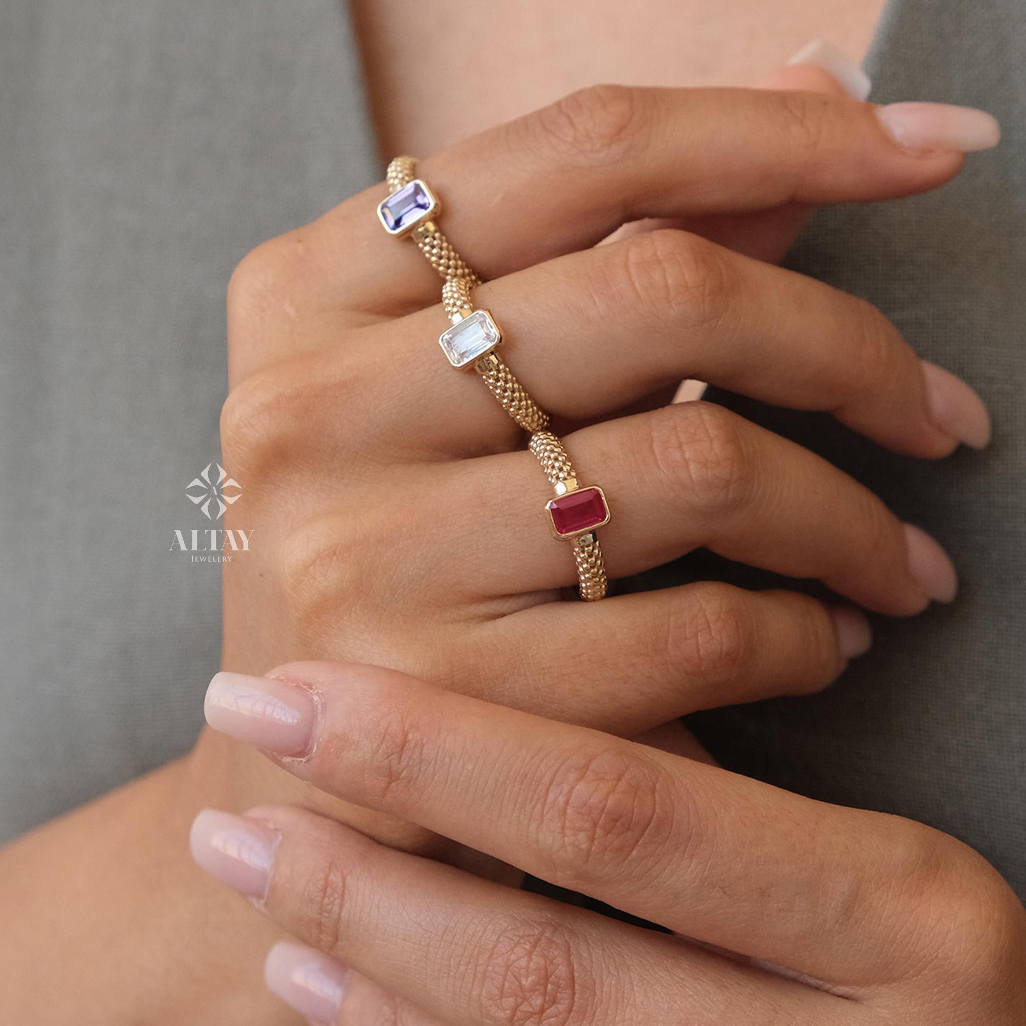 14K Gold Engagement Ring, Popcorn Band Gold Baguette Ring, Gemstone Anniversary Ring, Minimalist Stacking Ring, Birthstone Band Ring, Gift