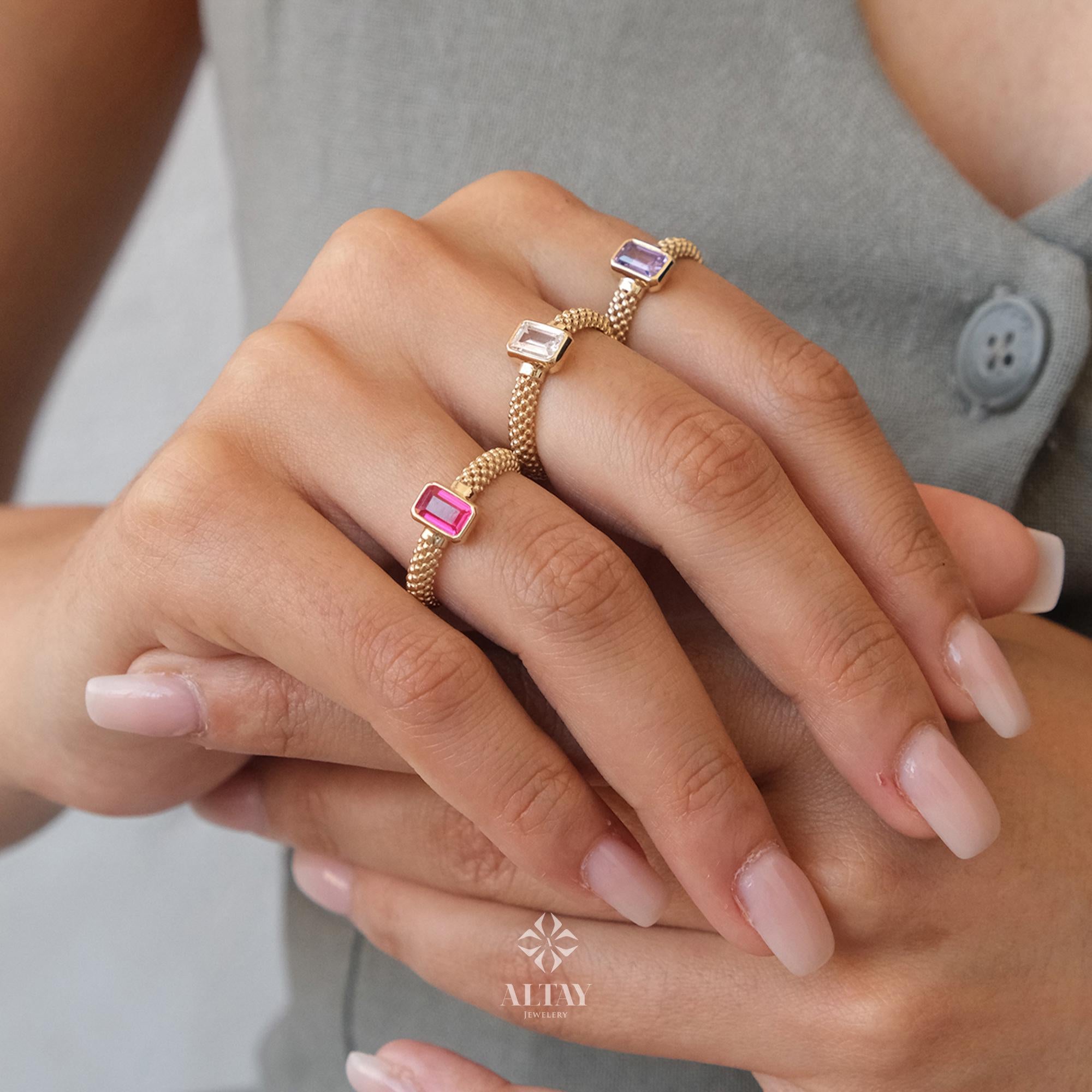 14K Gold Engagement Ring, Popcorn Band Gold Baguette Ring, Gemstone Anniversary Ring, Minimalist Stacking Ring, Birthstone Band Ring, Gift