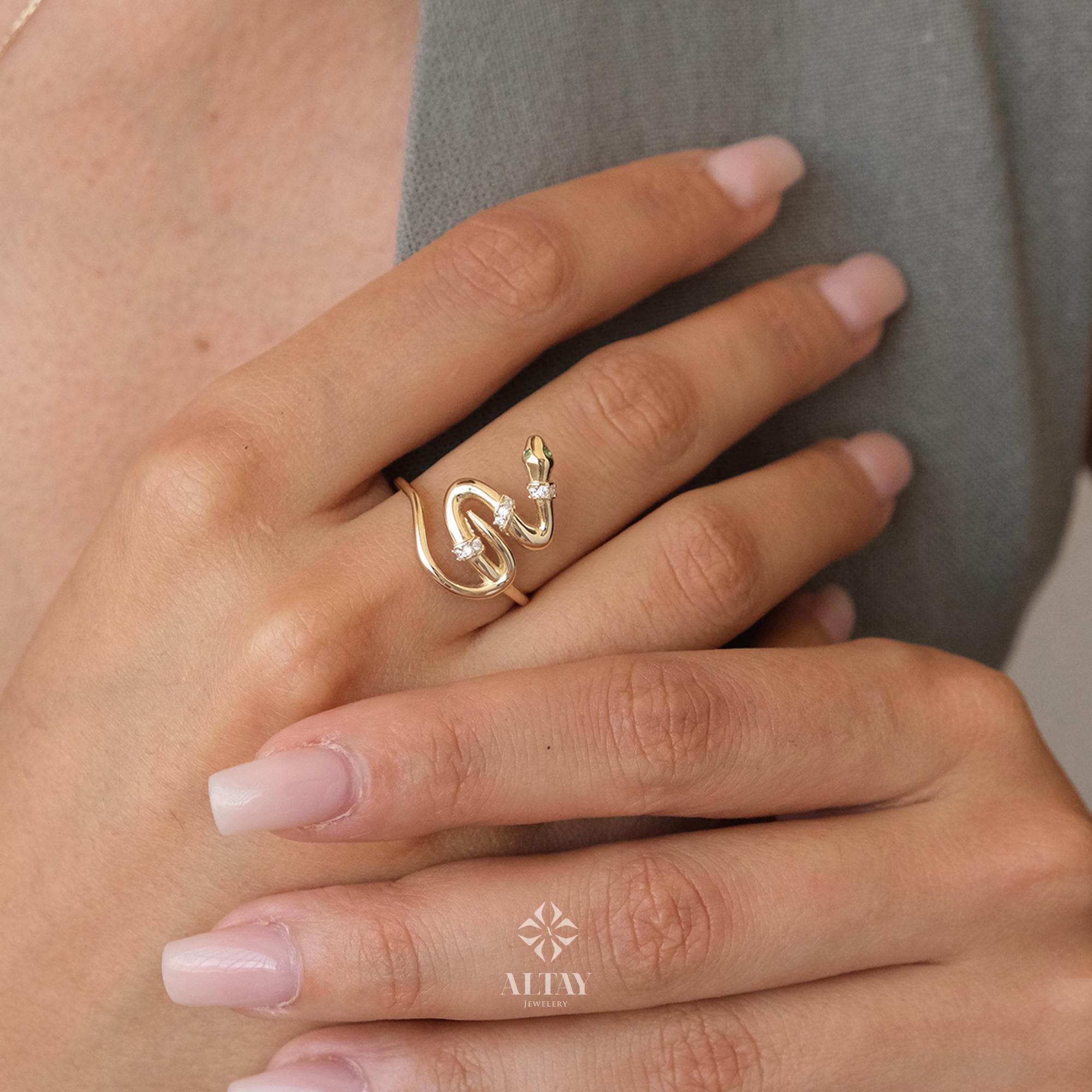 14K Gold Snake Ring, Snake Band, Open Serpent Jewelry, Dainty Stacking Animal Rings, CZ Snake Style Band, Open Band Statement Wrap Ring