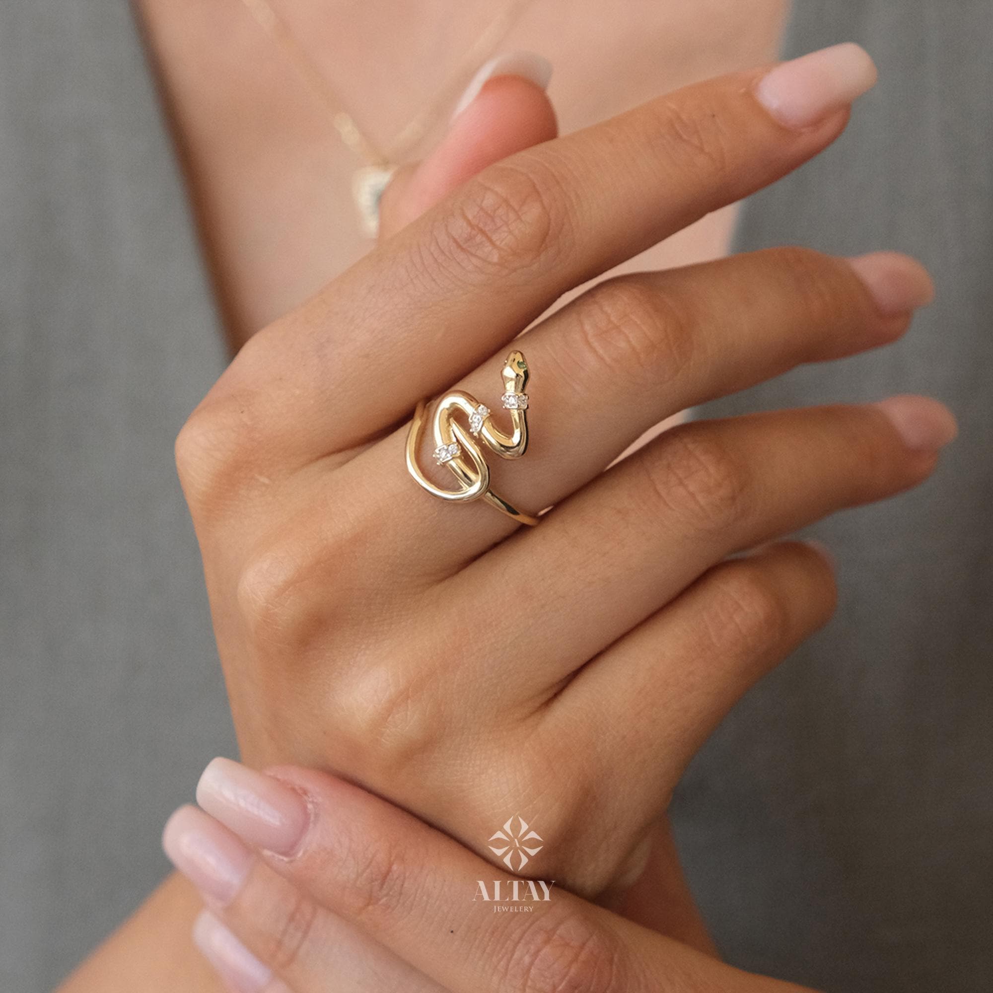 14K Gold Snake Ring, Snake Band, Open Serpent Jewelry, Dainty Stacking Animal Rings, CZ Snake Style Band, Open Band Statement Wrap Ring