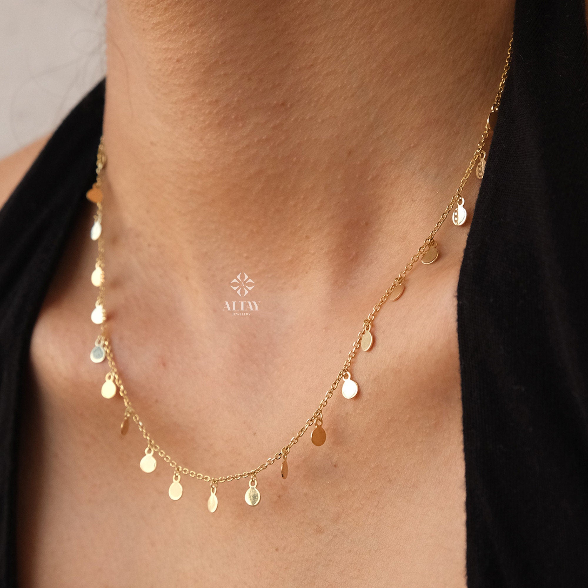 14K Gold Dangling Coin Necklace, Multi Coin Necklace, Italian Dangling Bead Choker, Yellow Gold Station Necklace, Gift For Her Him