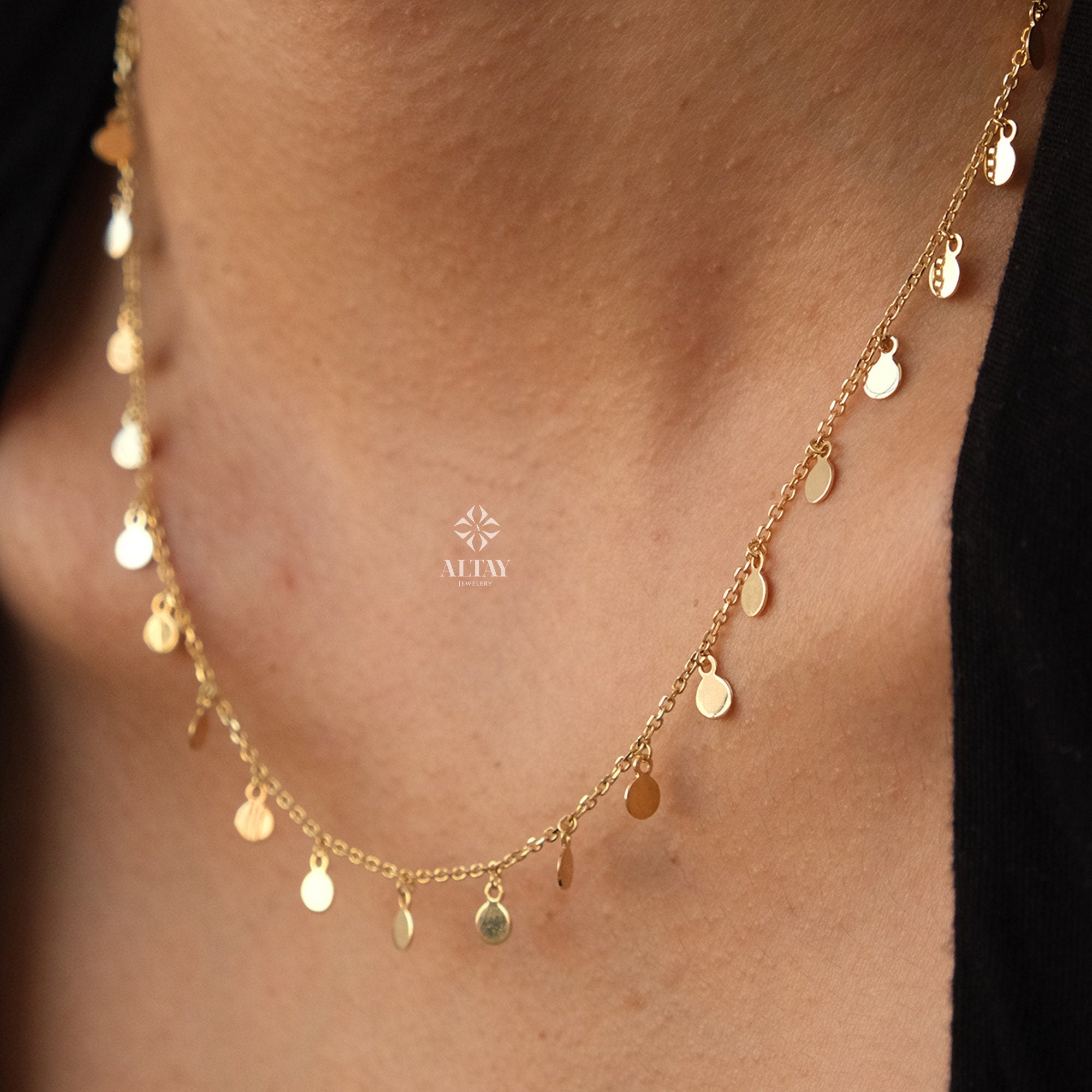 14K Gold Dangling Coin Necklace, Multi Coin Necklace, Italian Dangling Bead Choker, Yellow Gold Station Necklace, Gift For Her Him