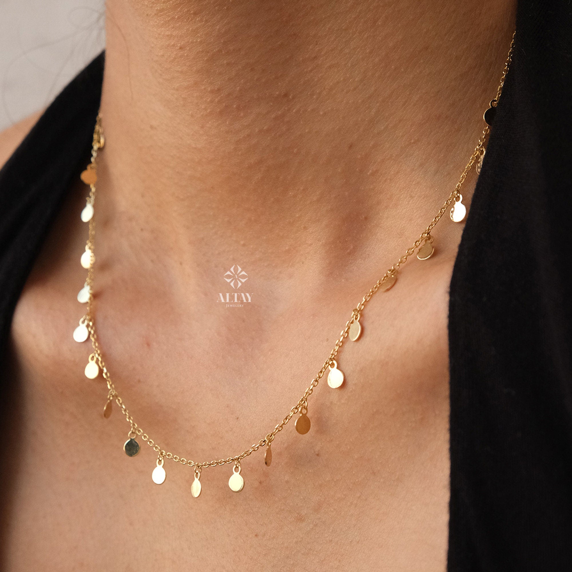 14K Gold Dangling Coin Necklace, Multi Coin Necklace, Italian Dangling Bead Choker, Yellow Gold Station Necklace, Gift For Her Him