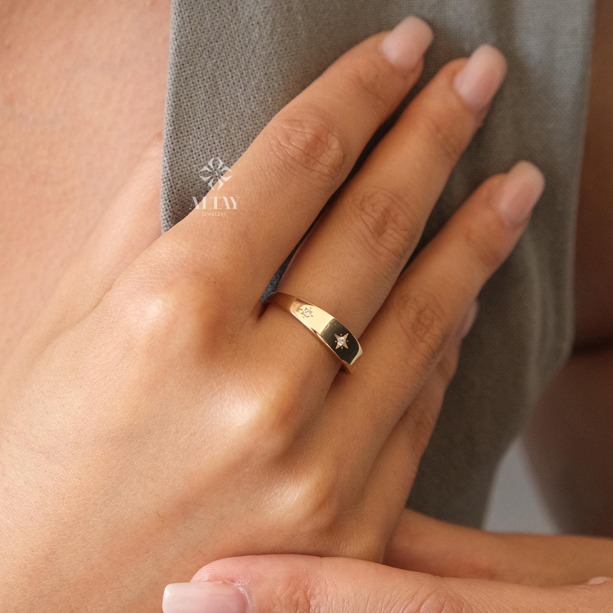 14K Gold North Star Ring, Gold Polar Star Band, Gold Cz Diamond Star Ring, Astrology Starburst Ring, Luck Star Ring, Celestial Pinky Ring