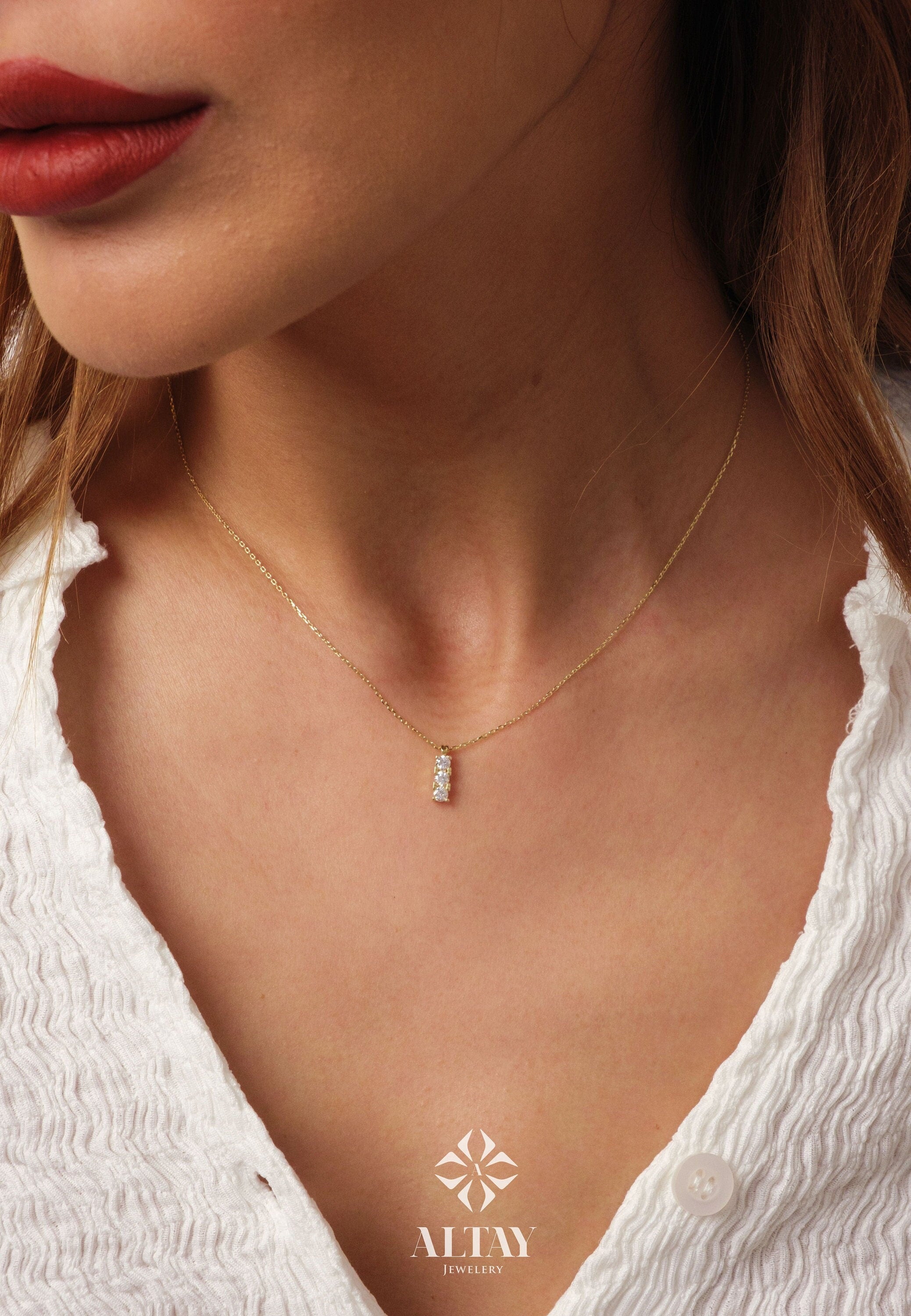 14K Gold Trio Cz Diamond Necklace, 3 Stone Necklace, Prong Set Pendant Necklace, Vertical Necklace, Bridesmaid Necklace, Graduation Gift