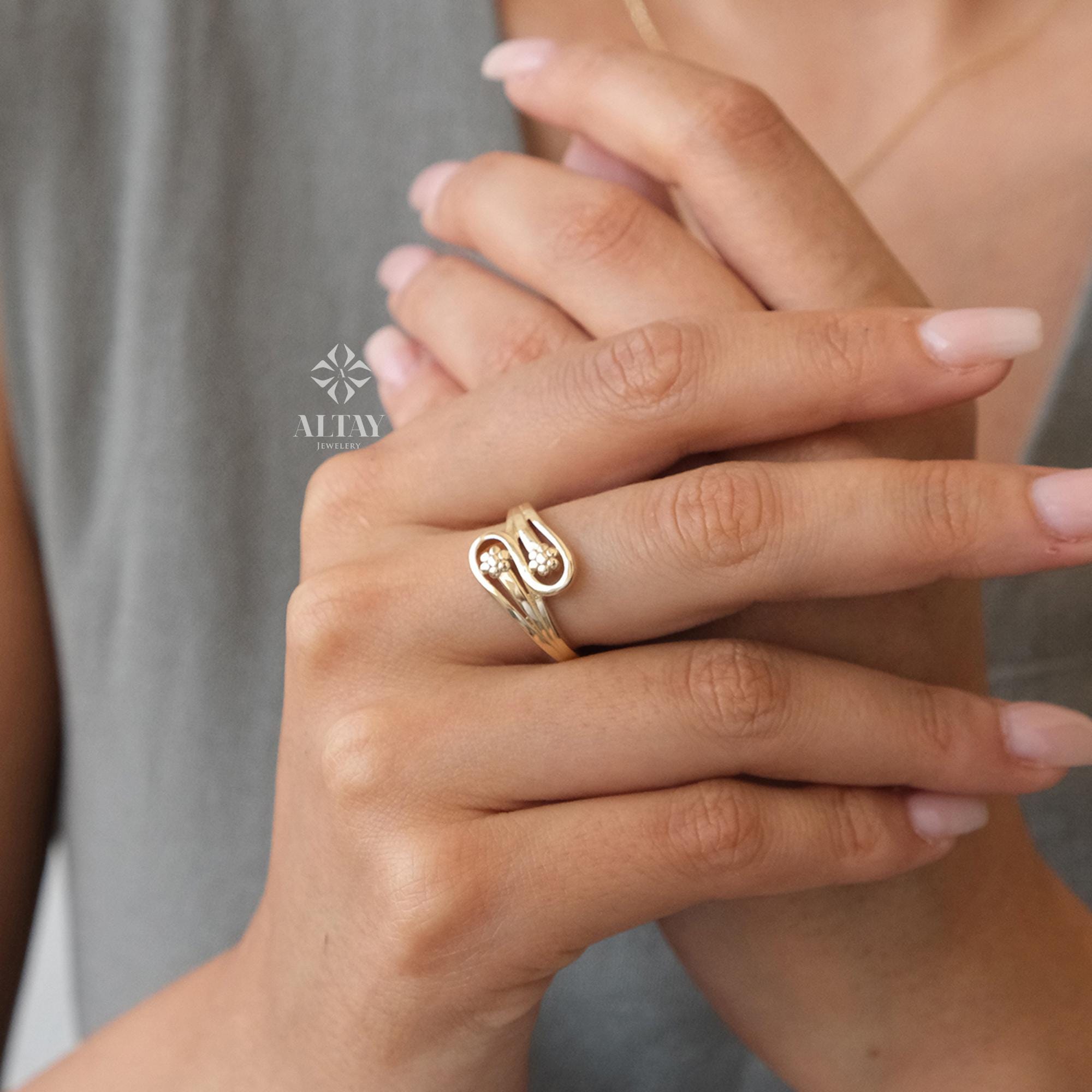 14K Gold Teardrop Ring, Two Band Flower Ring, Sunflower Band, Teardrop Shape Ring, Personalized Engagement Ring, Stackable Gold Ring
