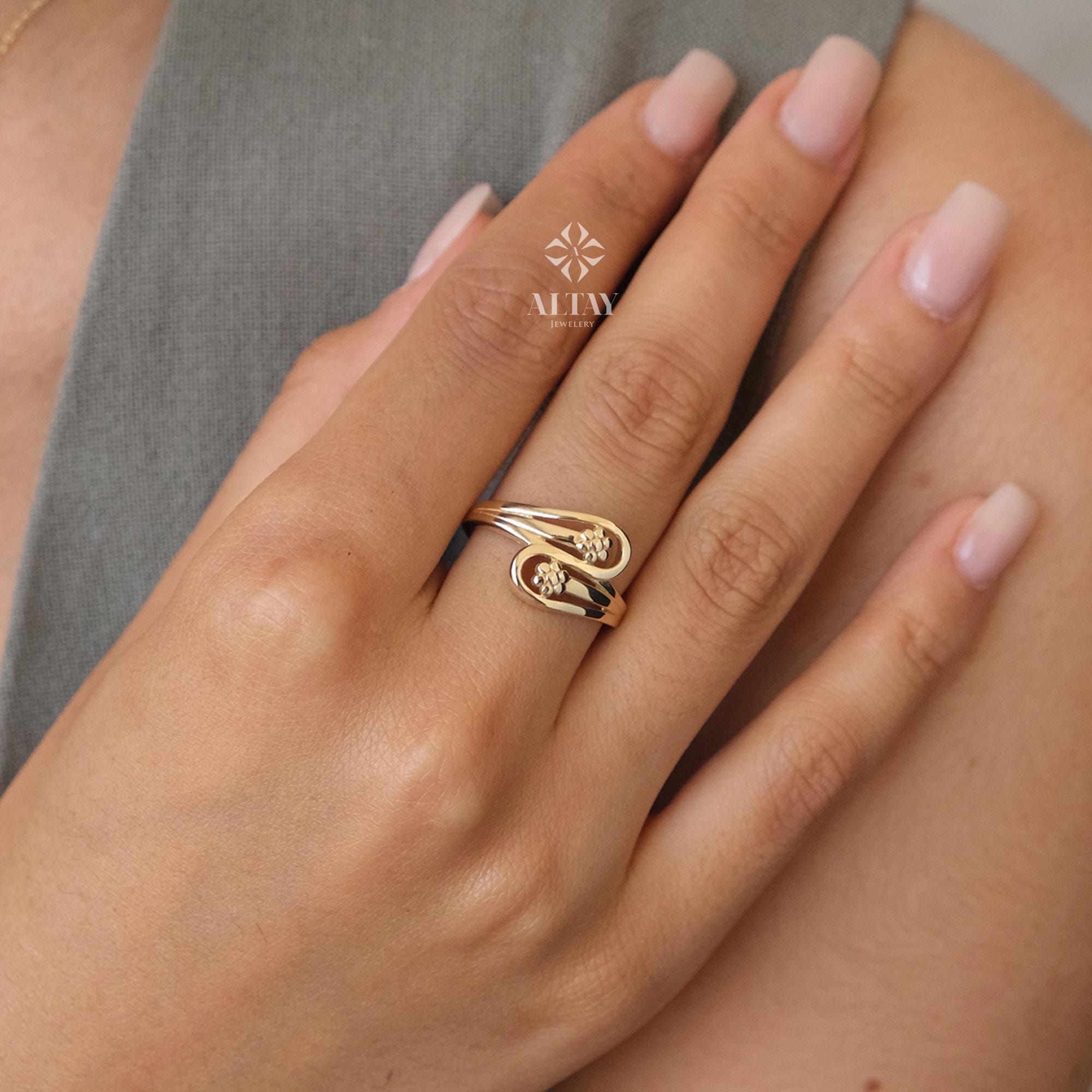 14K Gold Teardrop Ring, Two Band Flower Ring, Sunflower Band, Teardrop Shape Ring, Personalized Engagement Ring, Stackable Gold Ring