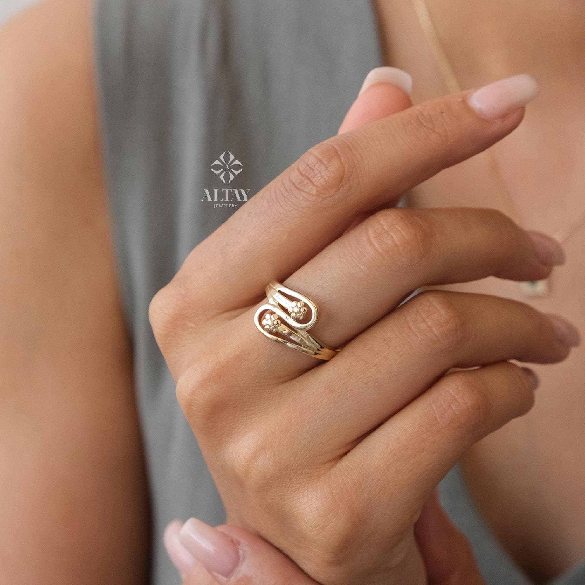 14K Gold Teardrop Ring, Two Band Flower Ring, Sunflower Band, Teardrop Shape Ring, Personalized Engagement Ring, Stackable Gold Ring Band