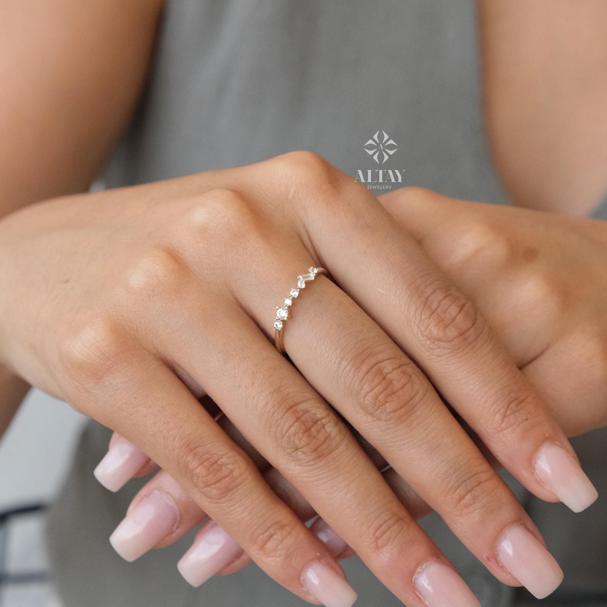 14K Gold Half Eternity Ring, 2mm CZ Diamond Wedding Ring, Round Wedding Ring, Delicate Engagement Band, Stacking Promise Ring
