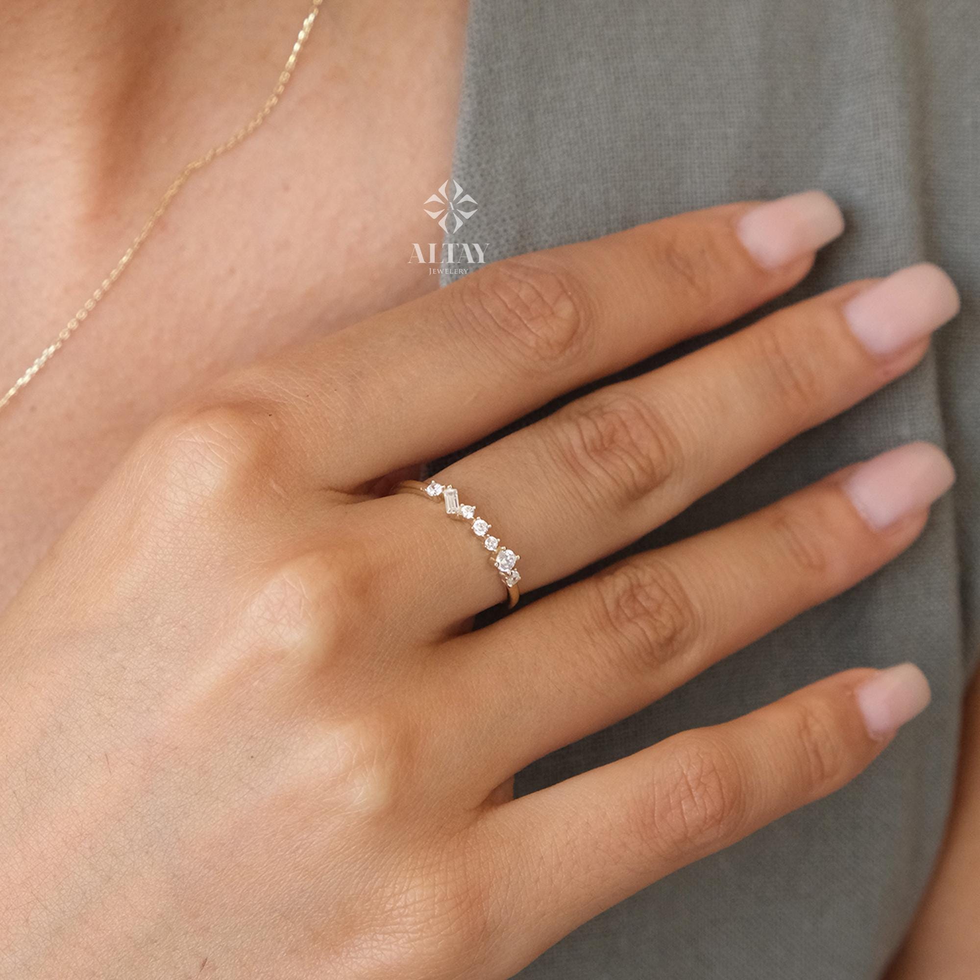 14K Gold Half Eternity Ring, 2mm CZ Diamond Wedding Ring, Round Wedding Ring, Delicate Engagement Band, Stacking Promise Ring