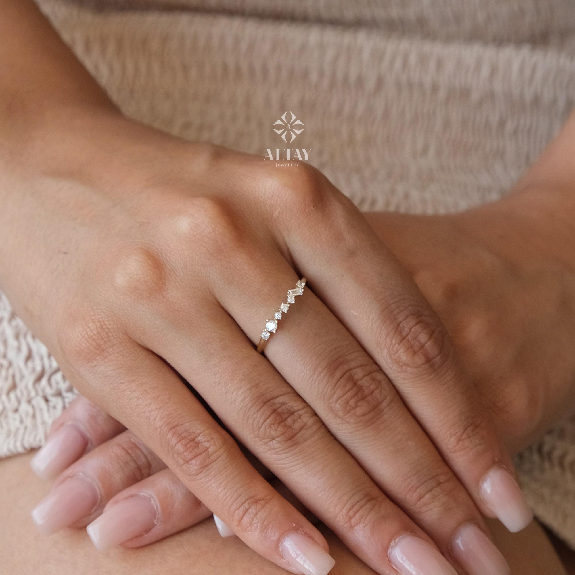 14K Gold Half Eternity Ring, 2mm CZ Diamond Wedding Ring, Round Wedding Ring, Delicate Engagement Band, Stacking Promise Ring