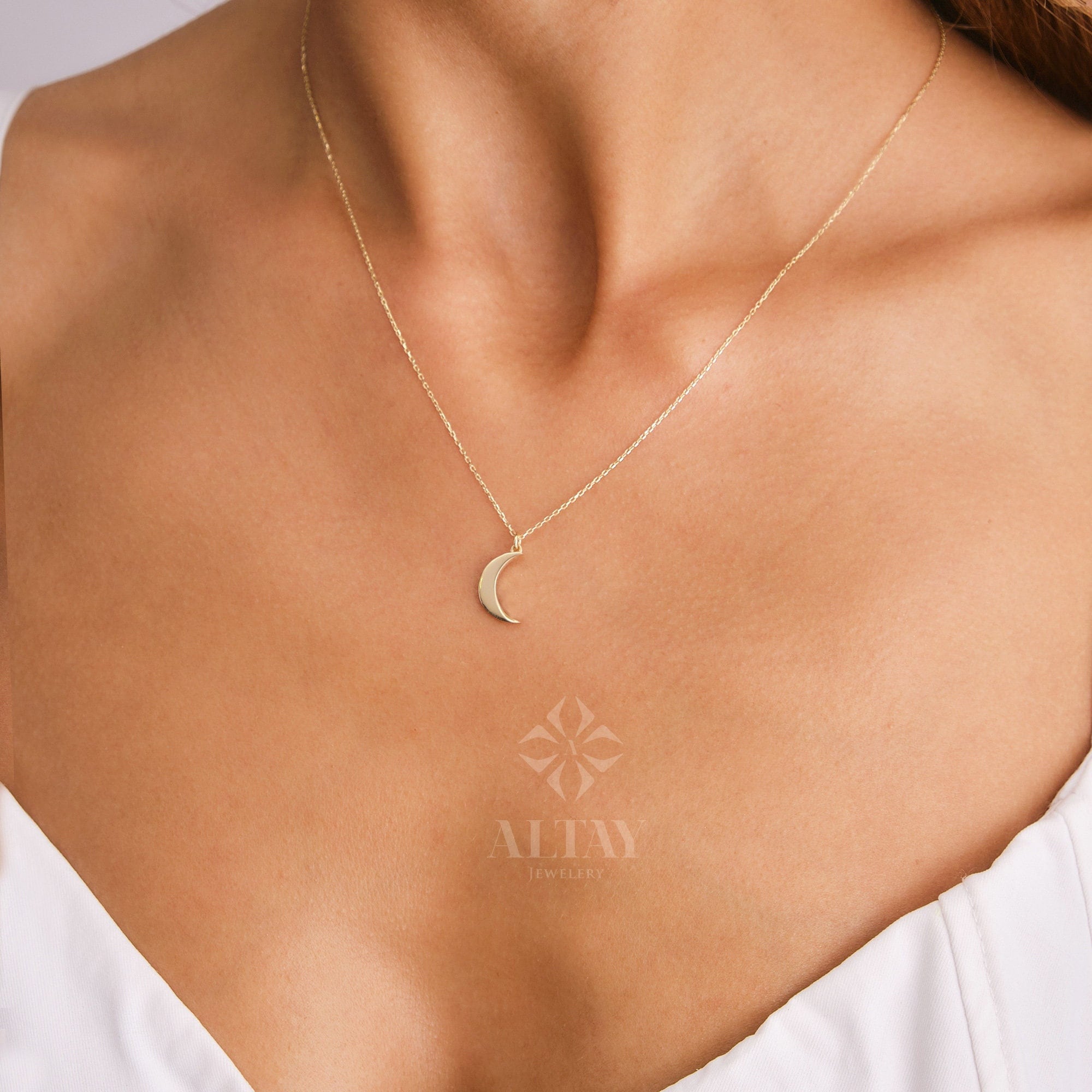 14K Gold Moon Necklace, Crescent Moon Pendant, Gold Moon Charm, Lunar Necklace, Moon Phase Necklace, Minimalist Celestial Necklace