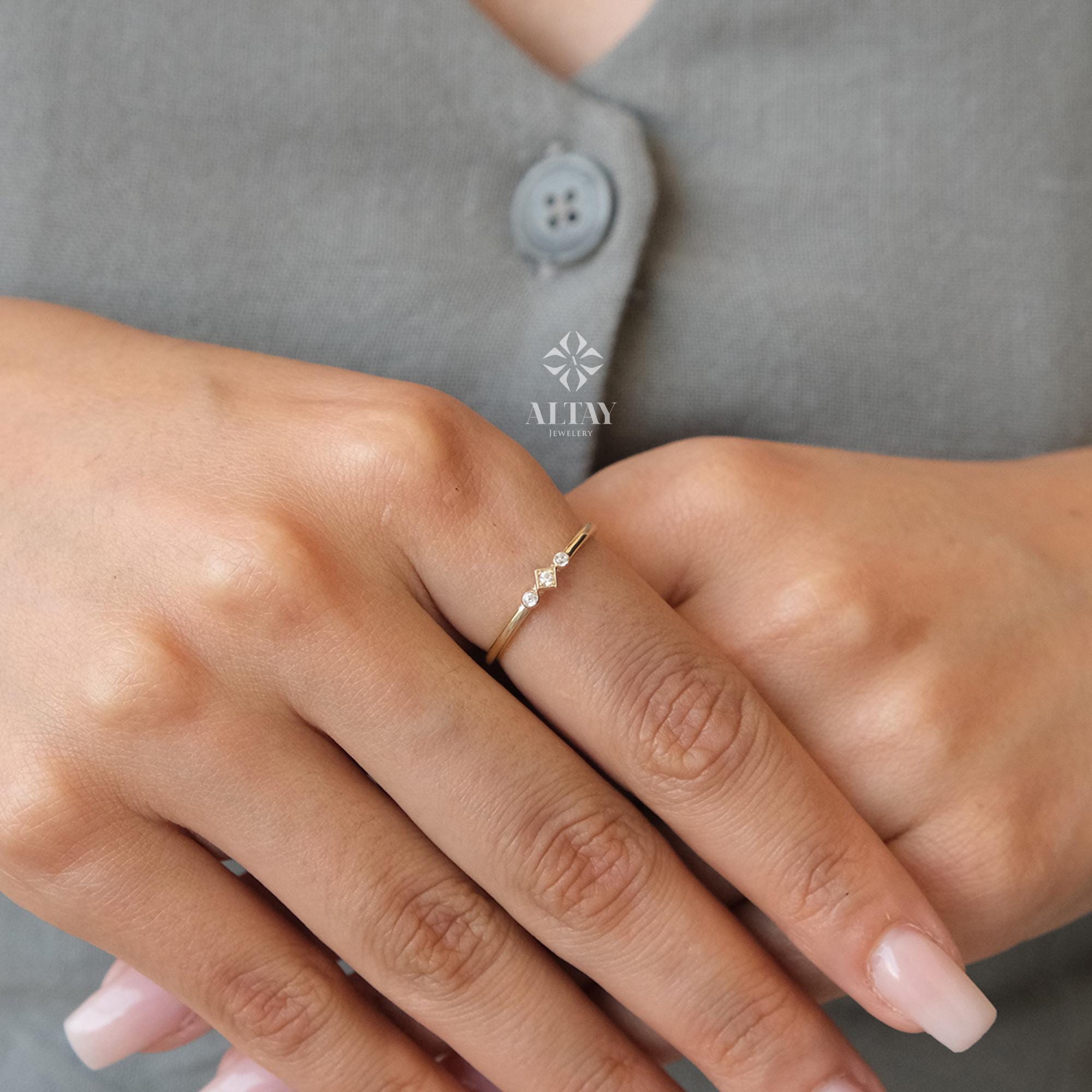 14K Gold 3 Stone CZ Diamond Wedding Ring, Plain Band, Promise Anniversary Ring, Bridal Ring, Three Stone Stacking Ring, Dainty Wedding Ring