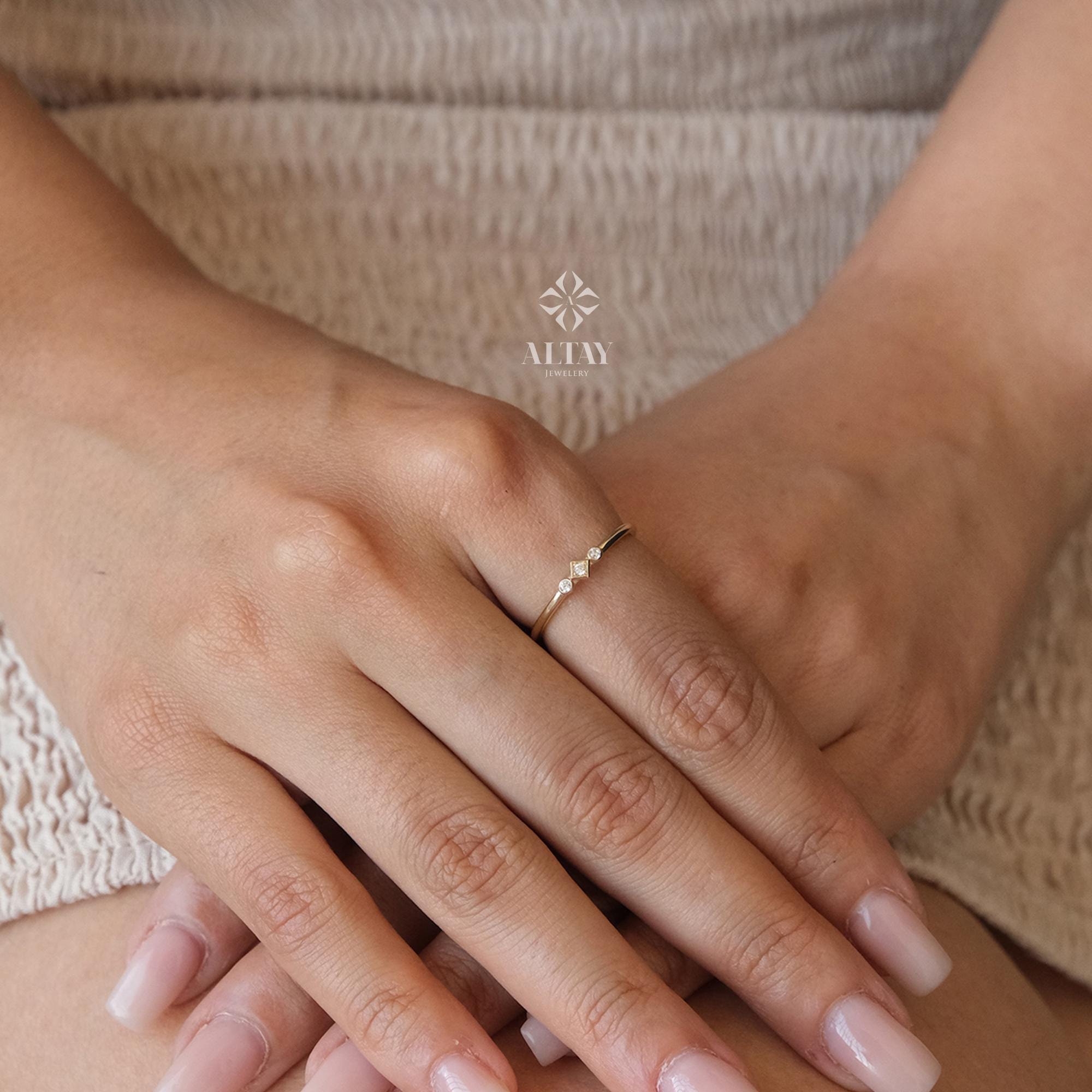 14K Gold 3 Stone CZ Diamond Wedding Ring, Plain Band, Promise Anniversary Ring, Bridal Ring, Three Stone Stacking Ring, Dainty Wedding Ring